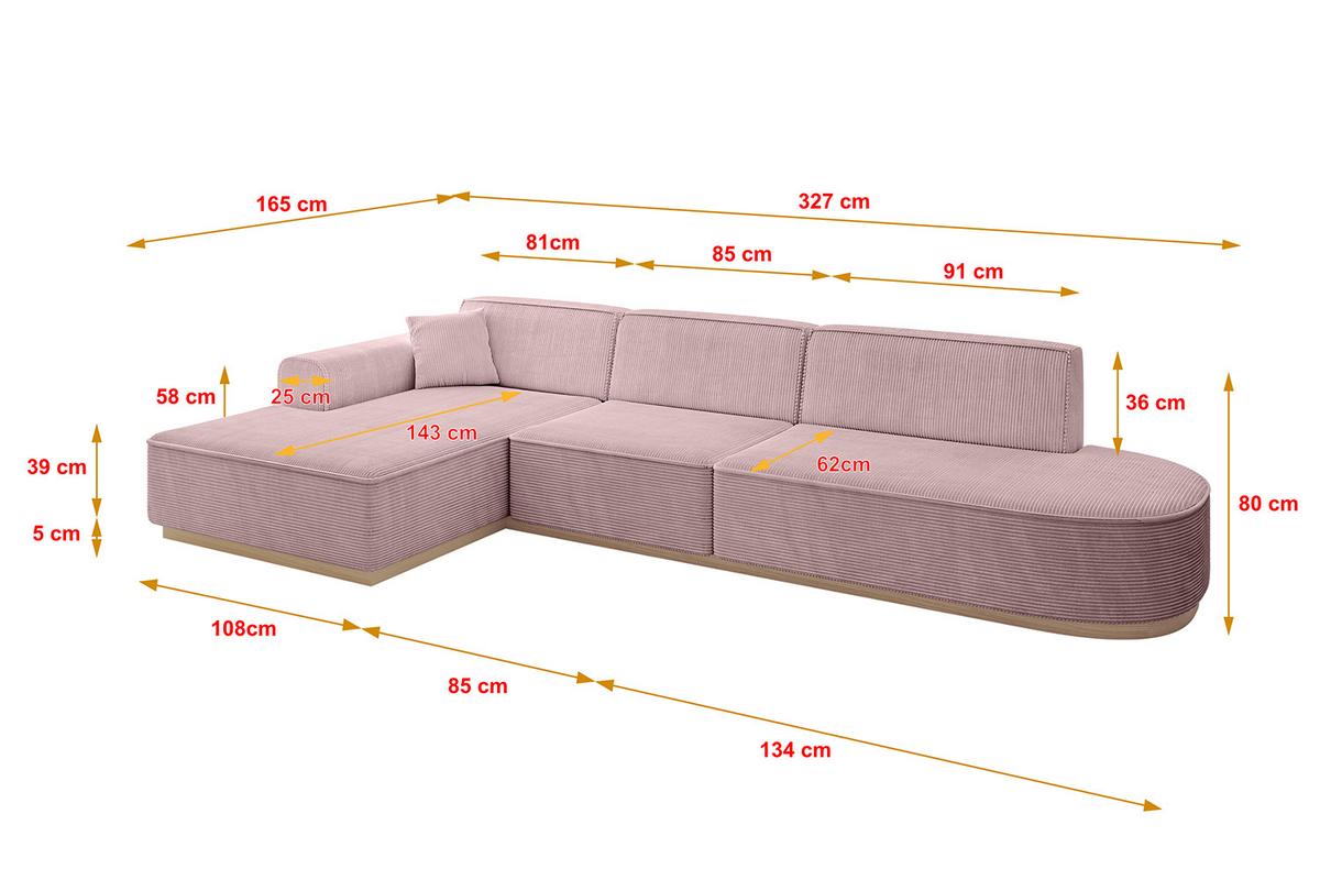 ECKSOFA Ottomane Links IREA-L2 - 327x165x80 cm Rosa - Rosa, Holzwerkstoff/Textil (327/165cm) - ALTDECOR