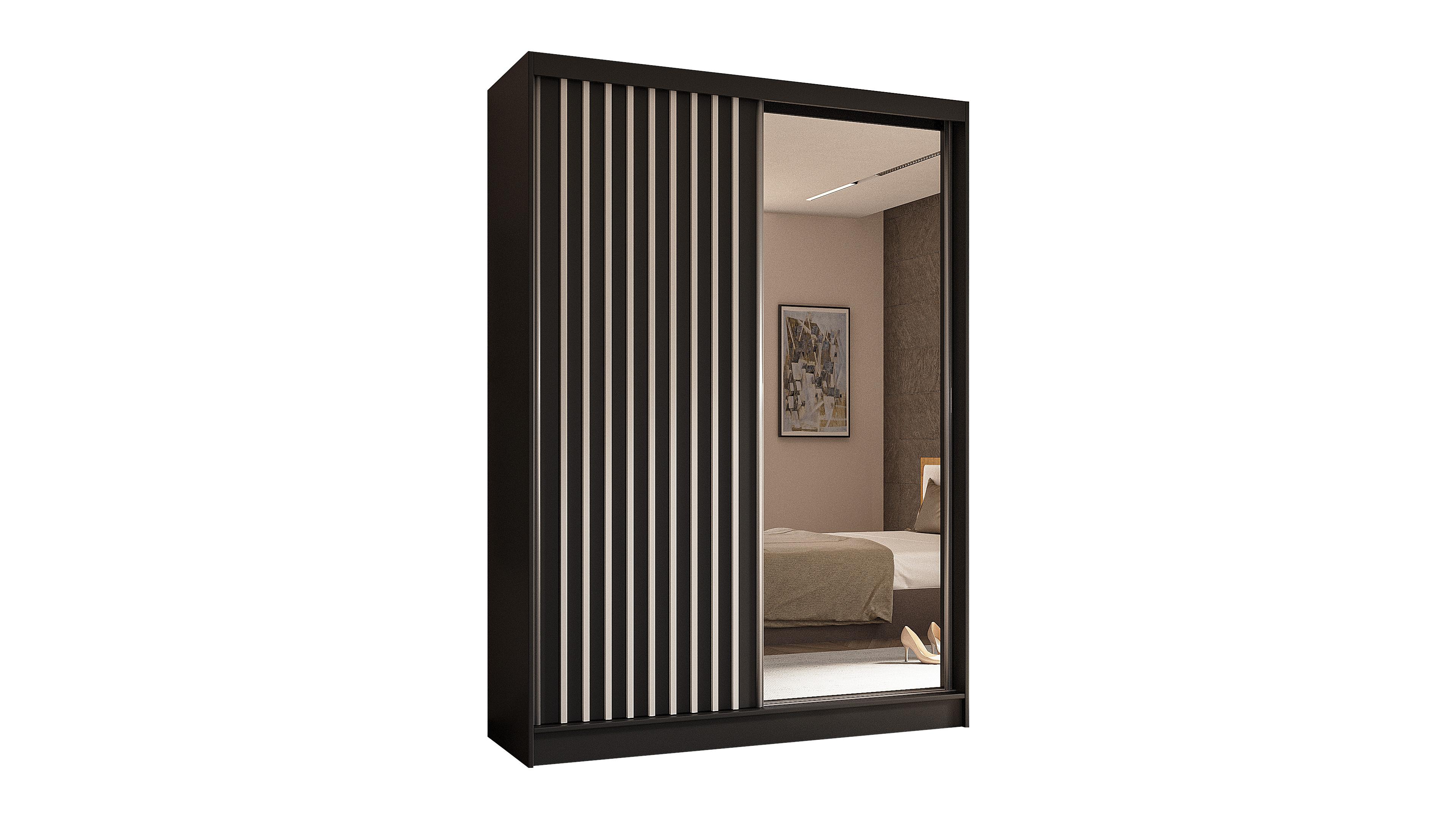 KLEIDERSCHRANK mit Spiegel-Schiebetüren und Aluminium-Leisten, LED-Beleuchtung - LAMELO - 150 cm Schwarz+Schwarz+Weiß - Schwarz/Weiß, Holzwerkstoff (150/216/61cm) - ALTDECOR