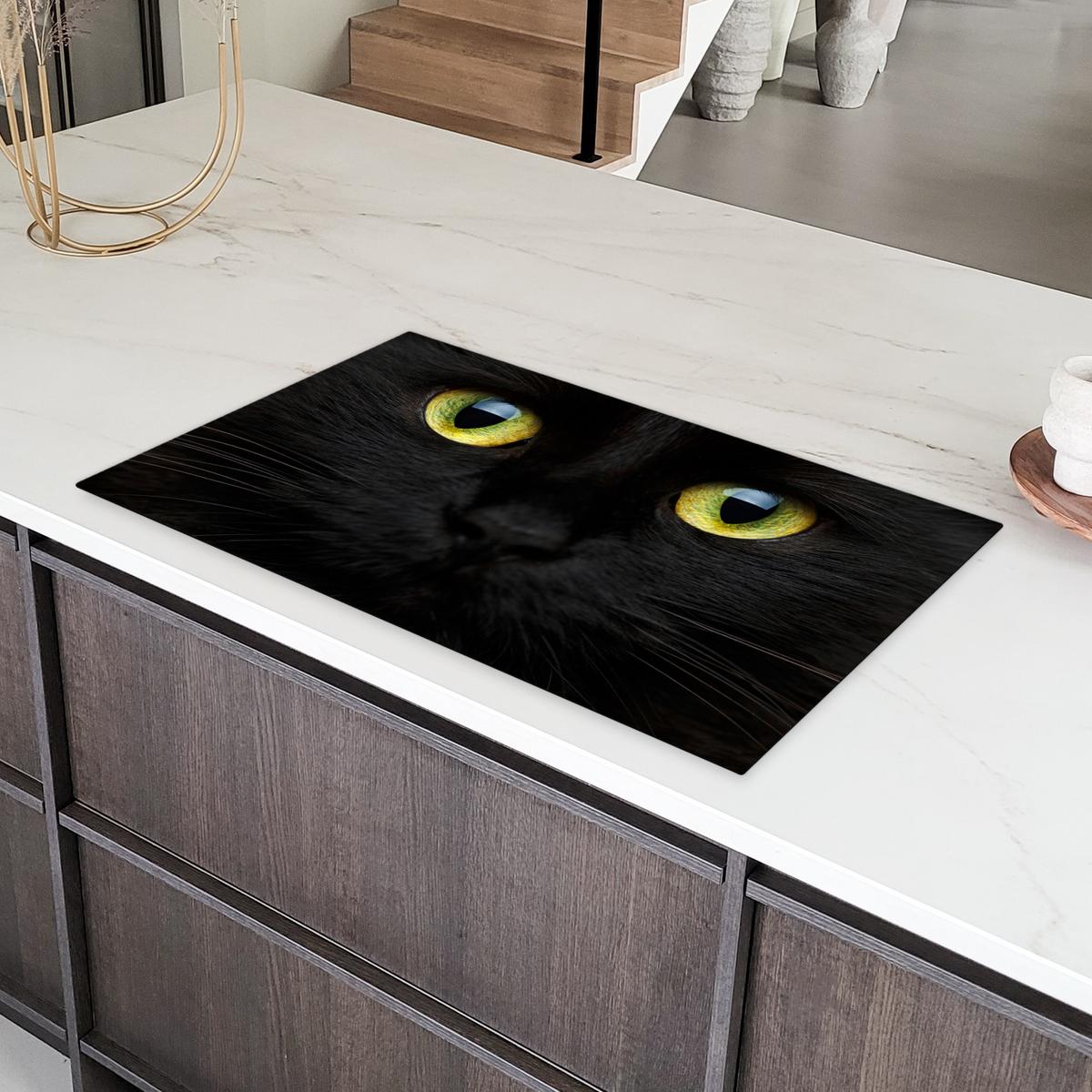 HERDABDECKPLATTE Katze - Augen - Gelb - Schwarz Induktionsschutz 91.2x52 cm - Schwarz, Kunststoff (91.2/52/0.2cm) - MuchoWow