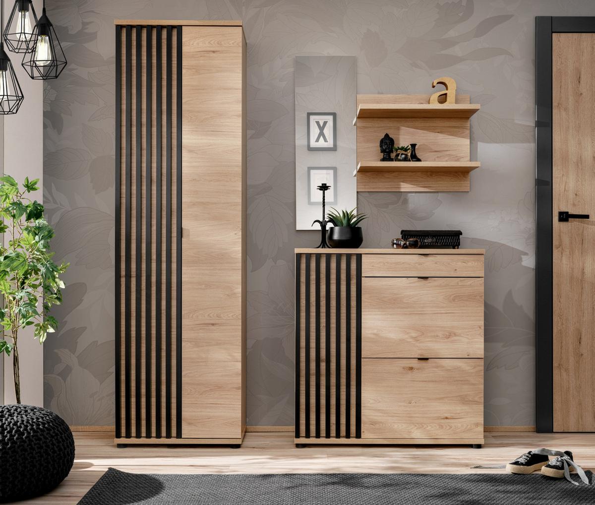 GARDEROBENSCHRANK Eiche, schwarz 60 cm, Flurschrank mit variabler Inneneinteilung - Eichefarben/Schwarz, Holzwerkstoff/Kunststoff (60/202/35cm) - Furn.Design