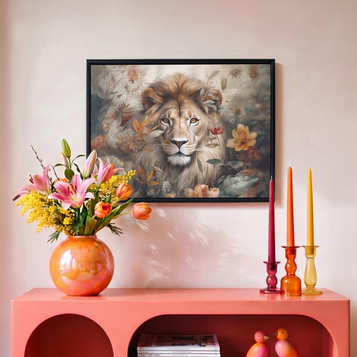 LEINWAND Bilder mit Rahmen - Löwe - Wildtiere - Pflanzen - Natur - Blumen - 40x30 - Beige, Textil (40/30cm) - MuchoWow
