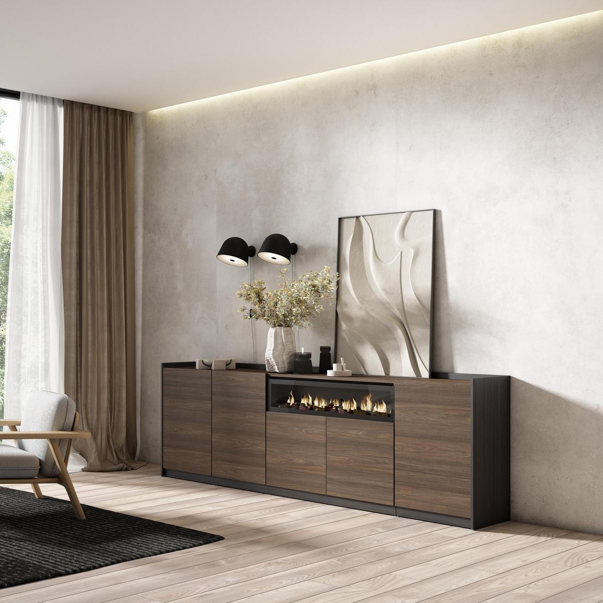 SIDEBOARD, Highboard, Dunkler Eiche und Schwarz, Elektrokamin, 260/37/80cm - Hellbraun, Holzwerkstoff (260/80/37cm) - Skraut Home