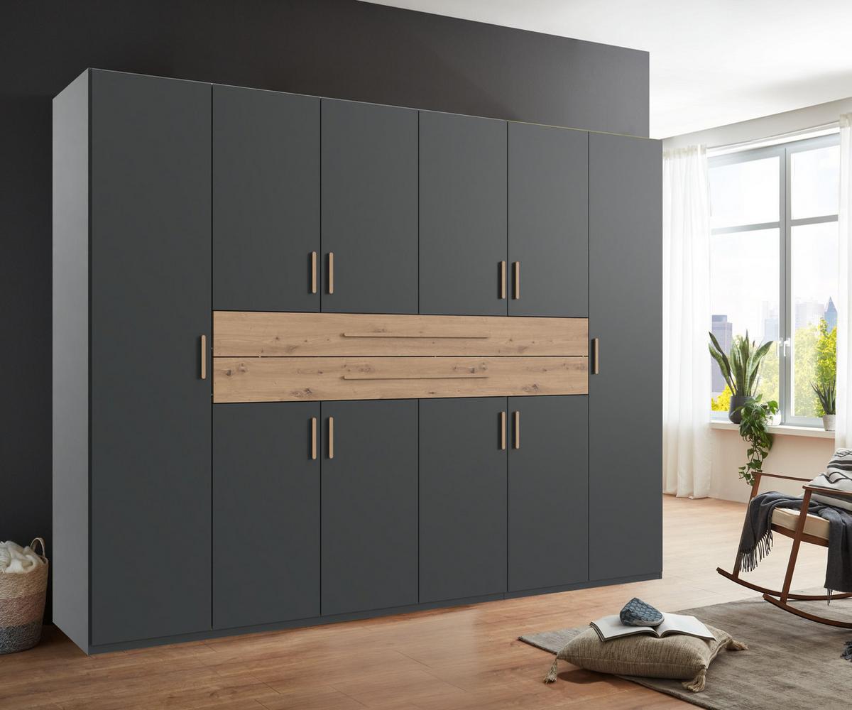 DREHTÜRENSCHRANK B270/H208/T58 cm in Grafit, Kleiderschrank mit 2 großen Schubkästen und Griffen in Eiche Artisan Dekor / 22643 - Graphitfarben/Eiche Artisan, Holzwerkstoff/Kunststoff (270/208/58cm) - luma-home