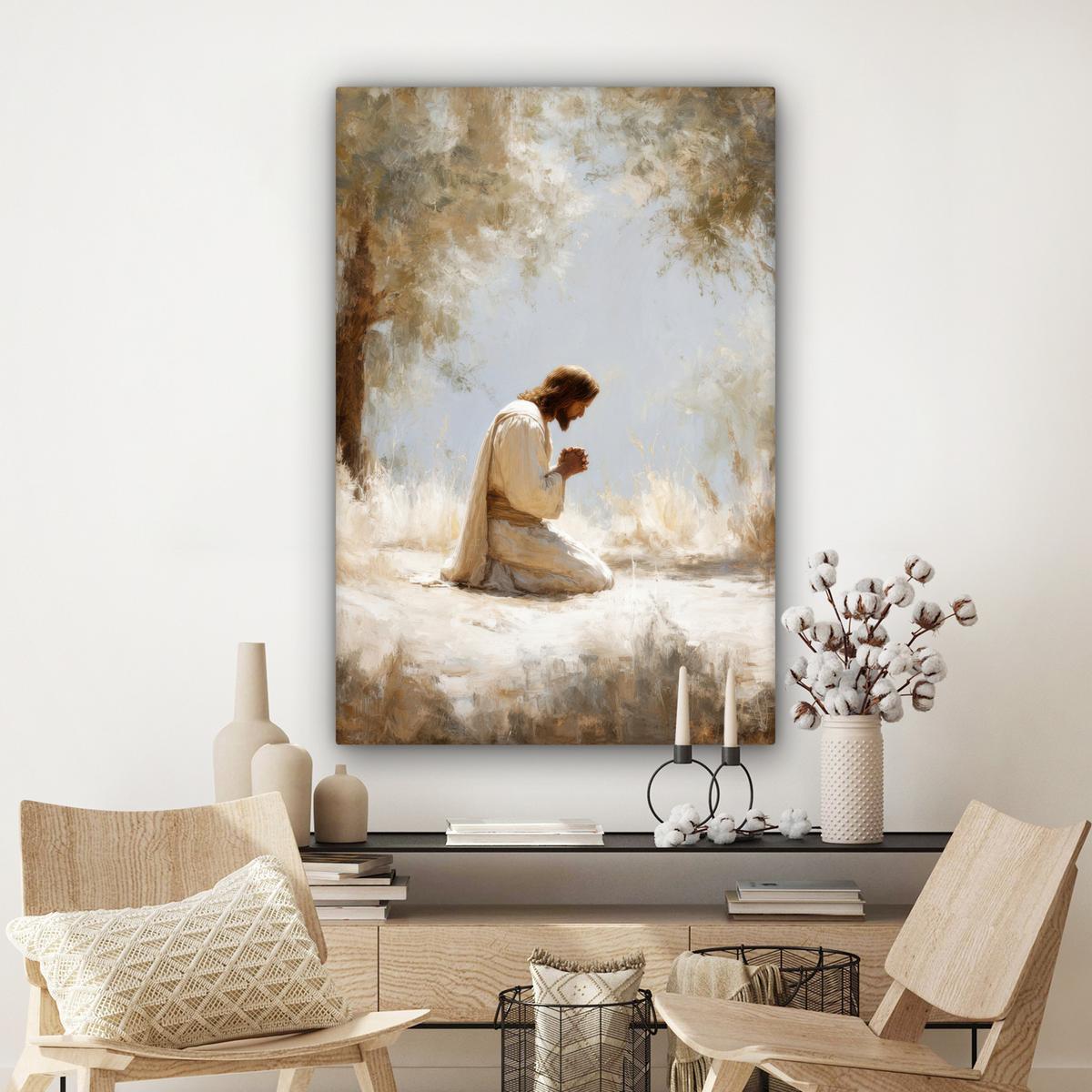 LEINWANDBILD Jesus - Kniend - Waldlandschaft - Betend Deko Groß 90x140 cm - Beige/Hellblau, Textil (90/140cm) - MuchoWow