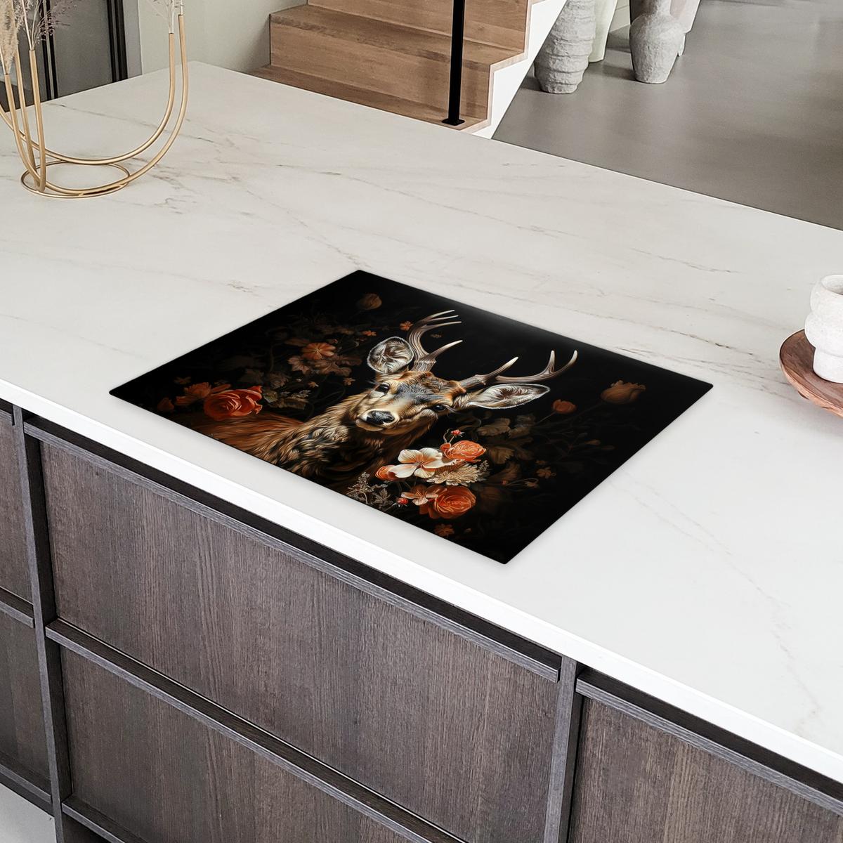 HERDABDECKPLATTE Hirsch - Tier - Blumen - Natur - Botanisch Induktionsmatte 71x52 cm - Kupferfarben, Kunststoff (71/52/0.2cm) - MuchoWow