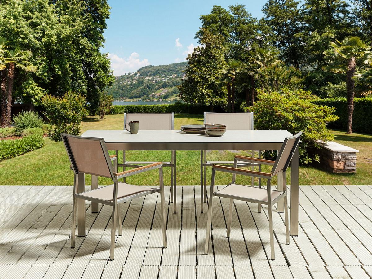 GARTENMÖBEL SET 4-Sitzer Keramik-Glas weiß Textil beige Cosoleto/Grosseto - Beige/Silberfarben, Glas - Beliani
