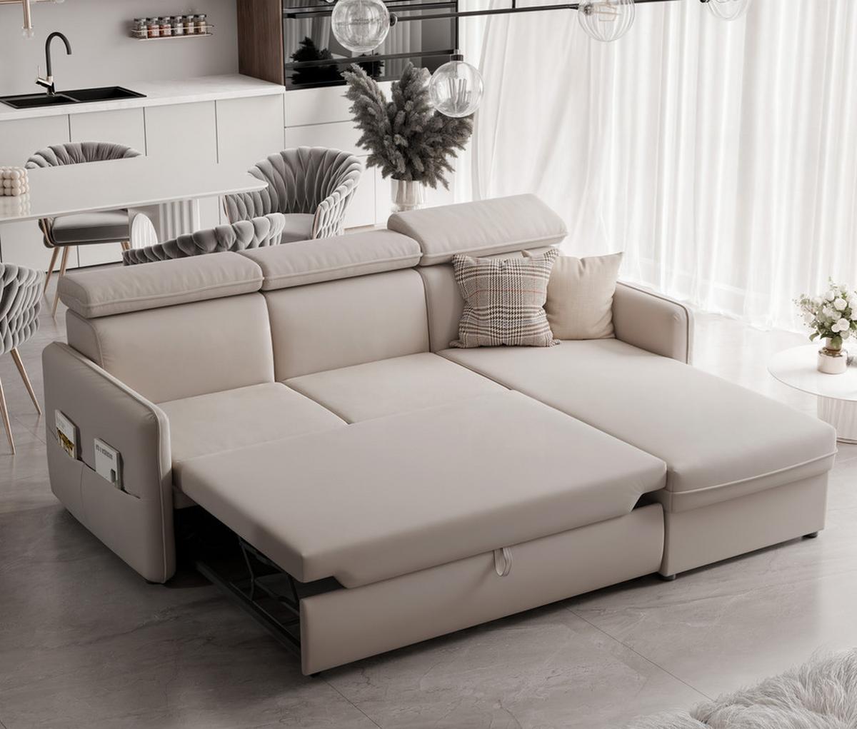 ECKSOFA BENI mit Schlaffunktion und Bettkasten, Stoff Creme - Creme, Kunststoff/Textil (220/160cm) - Idohome