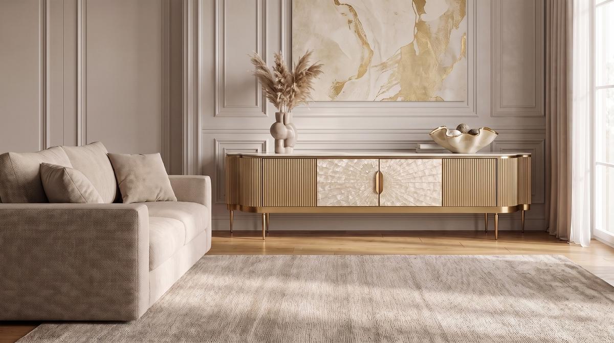 LOWBOARD LEOLA Cremeweiß Holz - Goldfarben/Creme, Holz/Metall (200/200cm) - KAWOLA