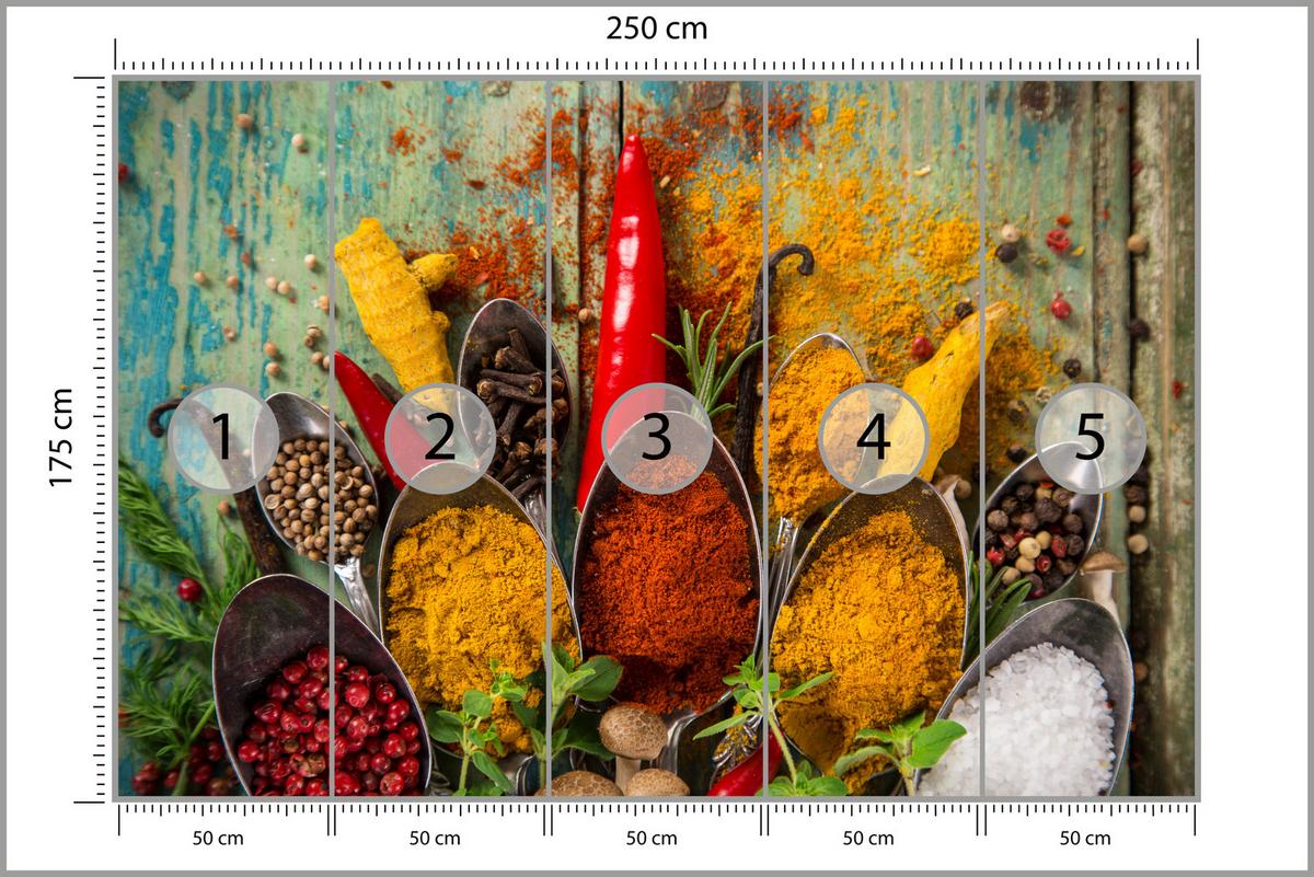 FOTOTAPETE für Küche Gewürze Holz Rustikal Paprika Ingwer 250x175 - Türkis/Blau, Papier (250/175cm) - Muralo