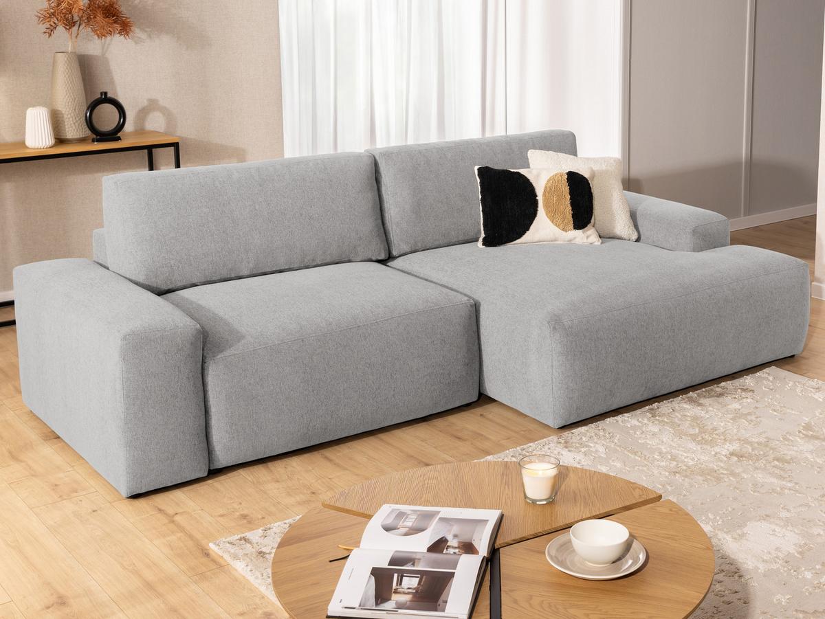 ECKSOFA inkl. Hocker Lennon aus Hellgrau Strukturstoff mit Schlaffunktion und Bettkasten - Hellgrau/Schwarz, Holz/Kunststoff (264/137cm) - S-Style