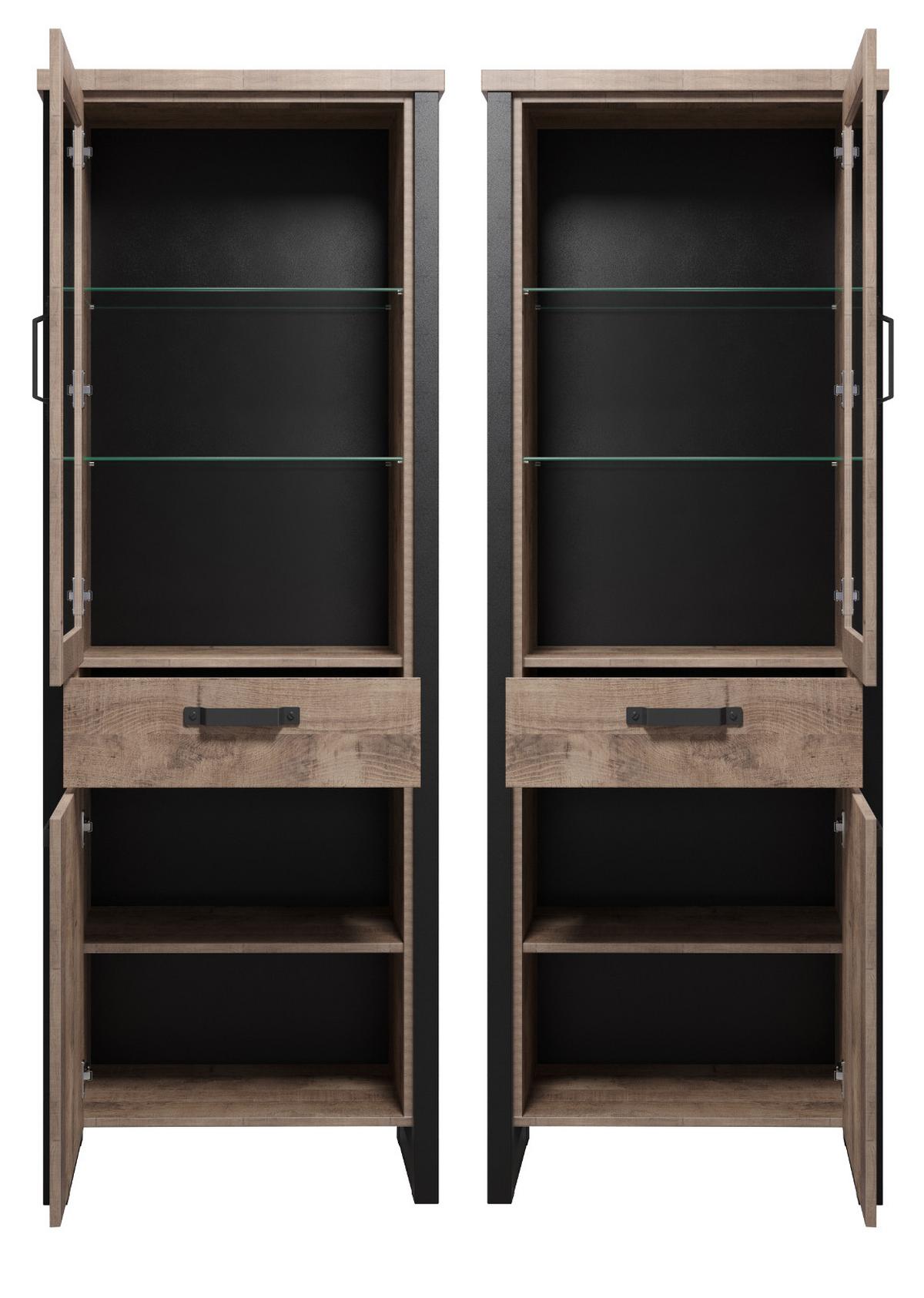 VITRINE Eiche Tabak, schwarz 70 x 195 cm, Vitrinenschrank für Wohn- und Esszimmer - Eichefarben/Schwarz, Glas/Holzwerkstoff (70/195/45cm) - Top.Furn