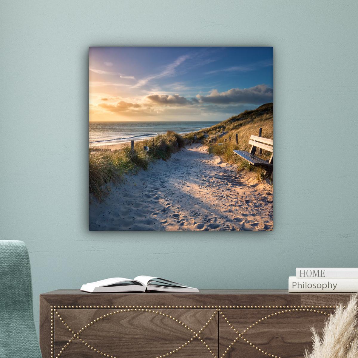 LEINWANDBILD Sonnenuntergang - Strand - Düne - Gras - Ufer Wandbild Wohnzimmer 50x50 cm - Sandfarben, Textil (50/50cm) - MuchoWow
