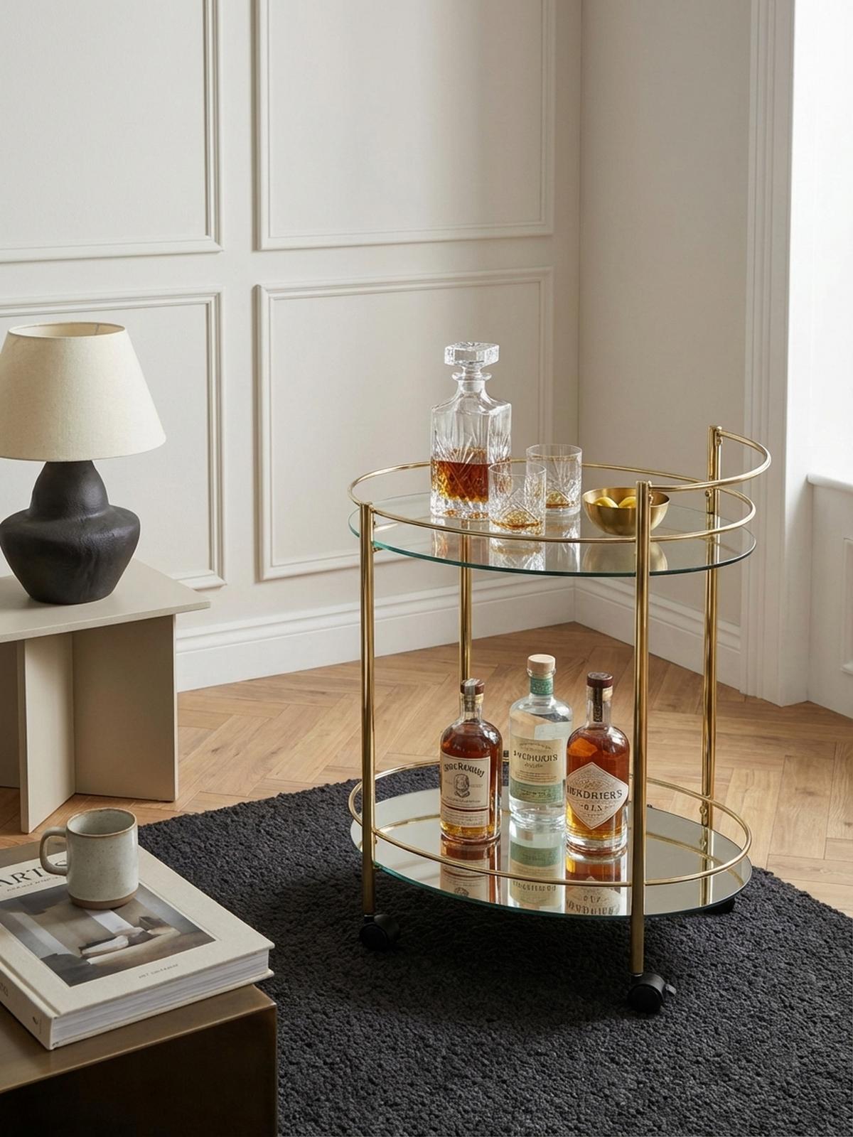 SERVIERWAGEN – Gold, 2 Glasplatten, auf Rollen - Goldfarben, Glas/Metall (67/79/46cm) - KADIMA DESIGN