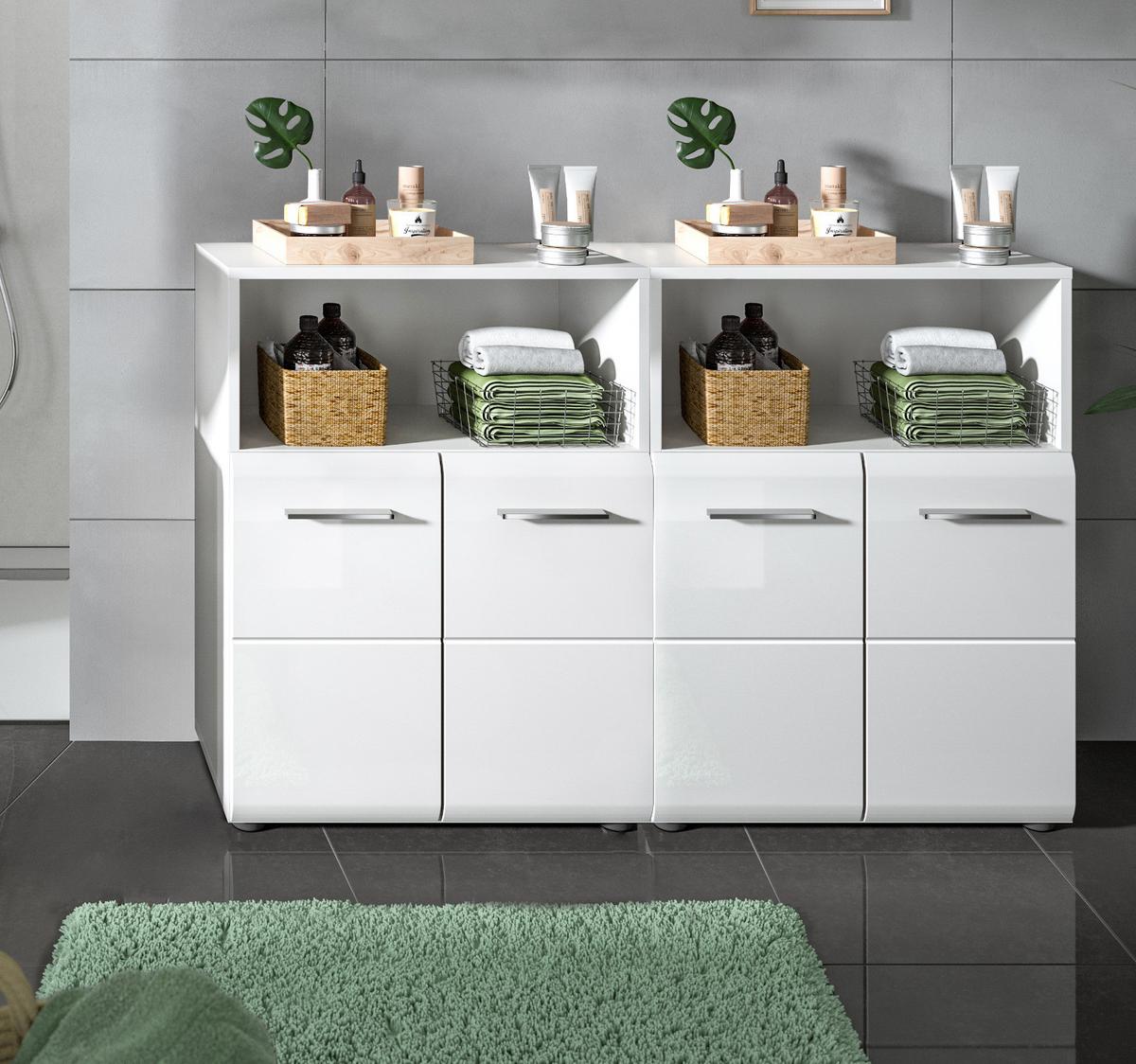 BADKOMMODE weiß Hochglanz 4-türig 120 x 106 cm, Set 2x Badezimmer Kommode - Weiß Hochglanz/Silberfarben, Holzwerkstoff/Kunststoff (120/80/30cm) - Inn.Furn