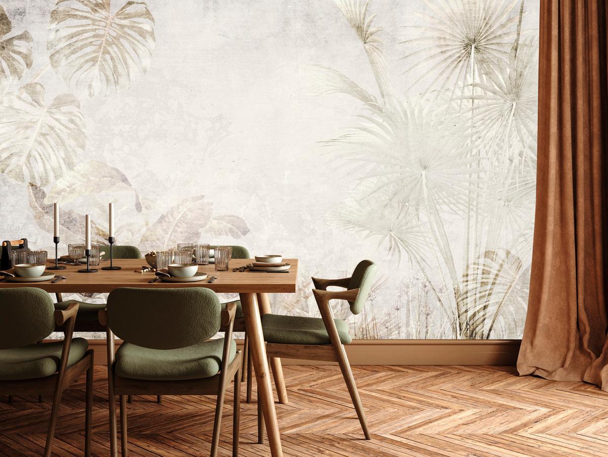 FOTOTAPETE für Wohnzimmer Tropisch Vintage Palmenblätter Beton 200x140 - Beige/Creme, Papier (200/140cm) - Muralo