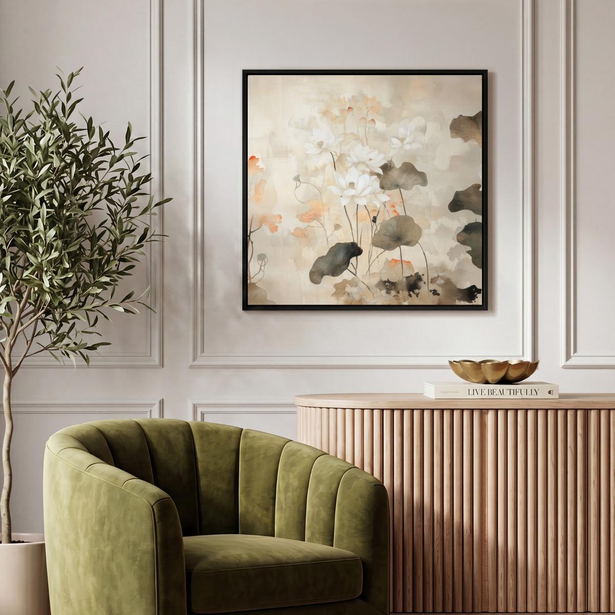 LEINWAND Bilder mit Rahmen - Blumen - Japandi - Wabi sabi - 50x50 - Sandfarben, Textil (50/50cm) - MuchoWow