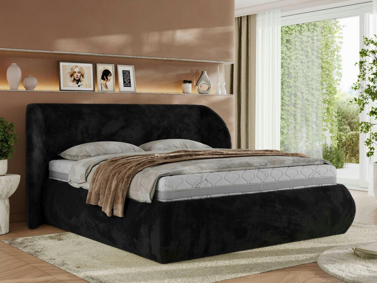 POLSTERBETT CAELA CLASSIC 160/200 - Schwarz Plüsch - Multipocket-Matratze - Schwarz, Textil (160/200cm) - MKS