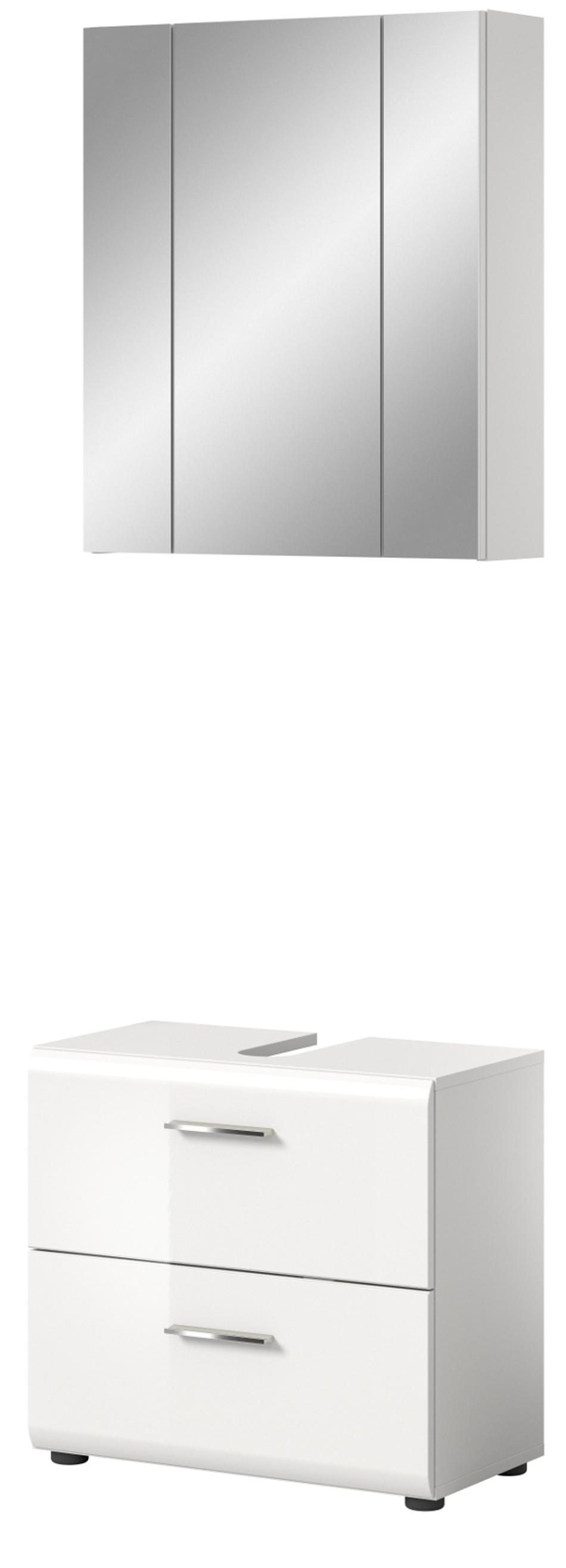 BADMÖBEL-SET weiß Hochglanz, Badkombination 2-teilig 60 cm - Weiß Hochglanz/Silberfarben, Glas/Holzwerkstoff (60/185/30cm) - Inn.Furn