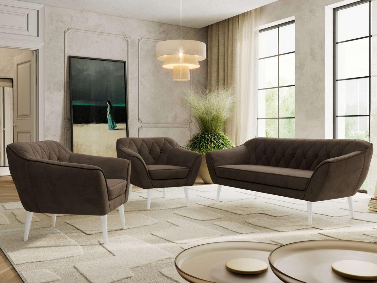 SITZGARNITUR PIRS 3+1+1 - Braun Velvet - Weiße Beine - Dunkelbraun/Braun, Holzwerkstoff/Textil (180/75/74cm) - MKS