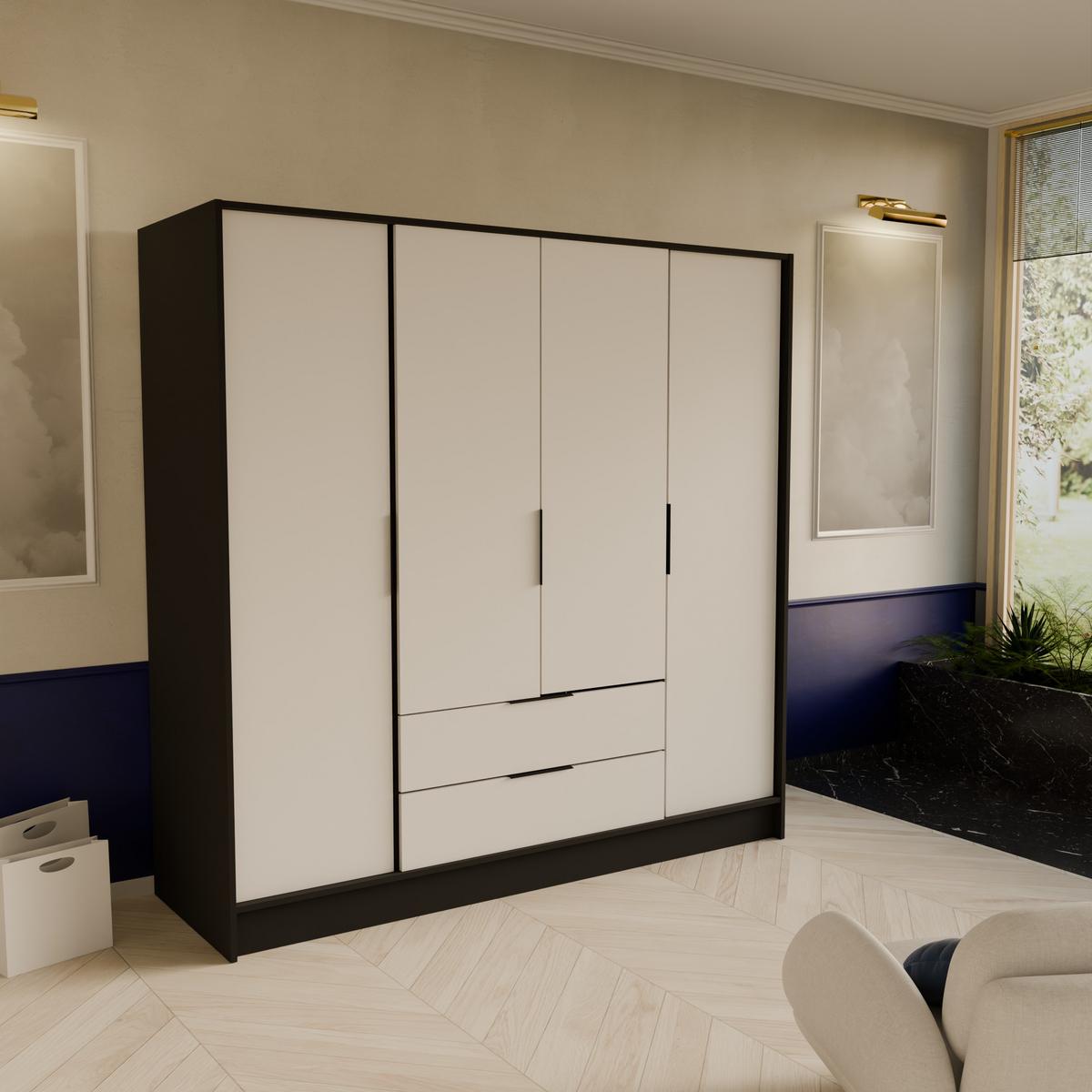 DREHTÜRENSCHRANK CAVA 200/200/51 cm Modern Kleiderschrank 4-türig Schwarz - Schwarz/Weiß, Holzwerkstoff (200/200/51cm) - MASSENO