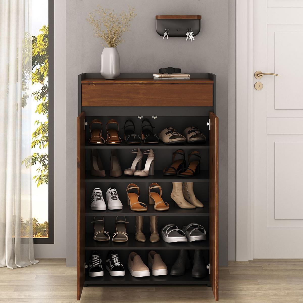 SCHUHSCHRANK TILO schwarz/Kastanie - Kastanienfarben/Schwarz, Holz (74/114/35cm) - IDIMEX