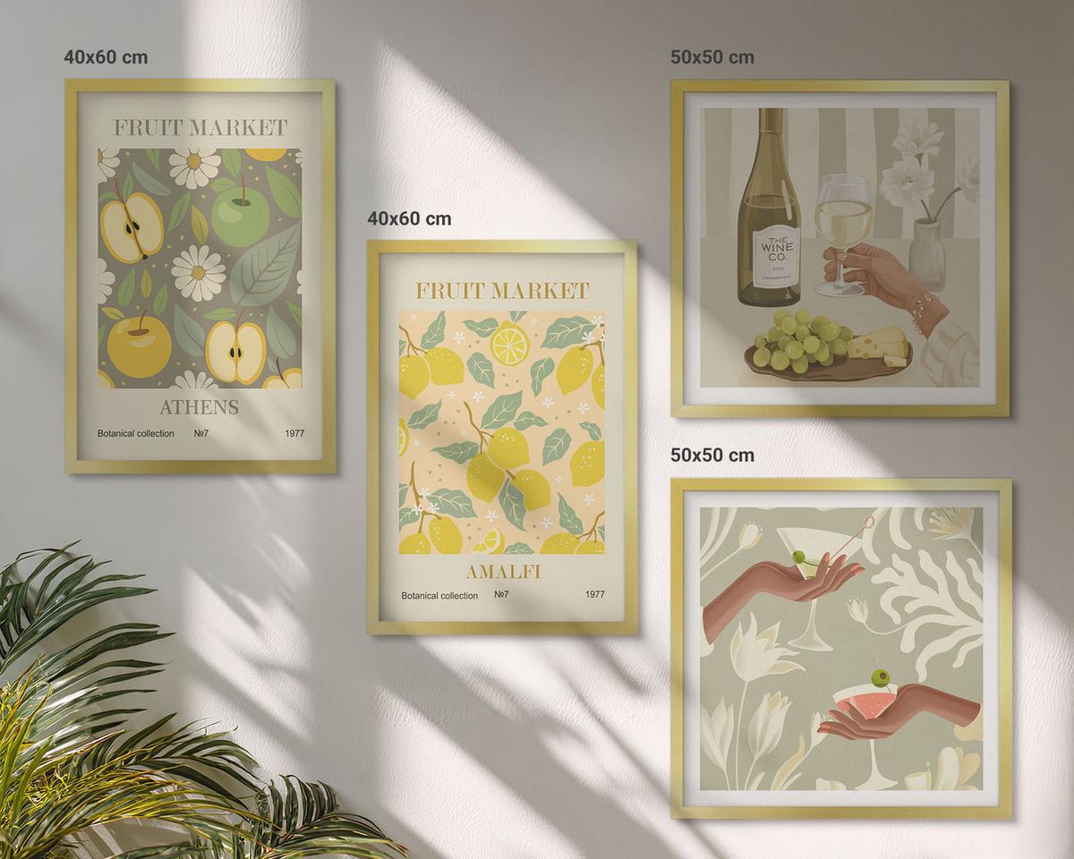 BILDER SET 4er Set - 50x50 cm & 40x60 cm Goldrahmen - Fruchtige Muster italienischer Wein - Goldfarben, Kunststoff (50/50cm) - TULUP
