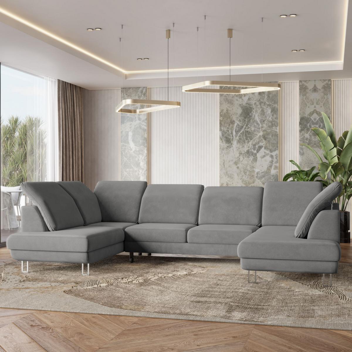 WOHNLANDSCHAFT TERAMO Grau Velours-Stoff mit Schlaffunktion - Silberfarben/Grau, Holz/Textil (316/88/193cm) - MASSENO