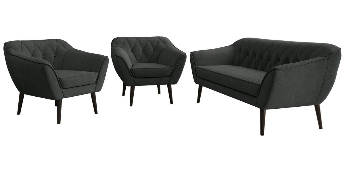SITZGARNITUR PIRS 3+1+1 - Dunkelgrau Strukture - Schwarze Beine - Dunkelgrau/Graphitfarben, Holzwerkstoff/Textil (180/75/74cm) - MKS