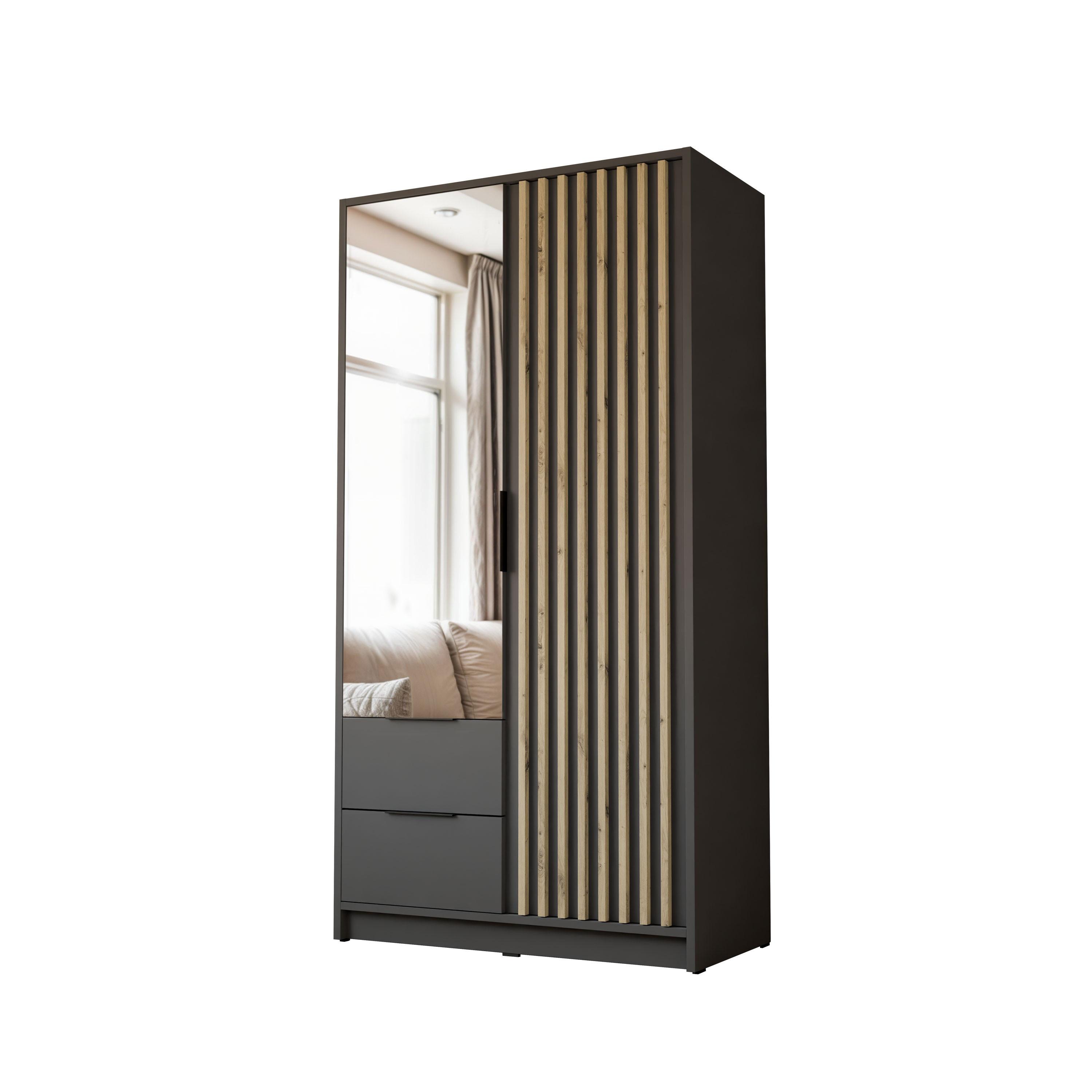 KLEIDERSCHRANK NELA, zweitürig mit Lamellen und Spiegel, 105 cm, Graphit/Artisan - Graphitfarben, Holzwerkstoff (105/200/51cm) - Lookway