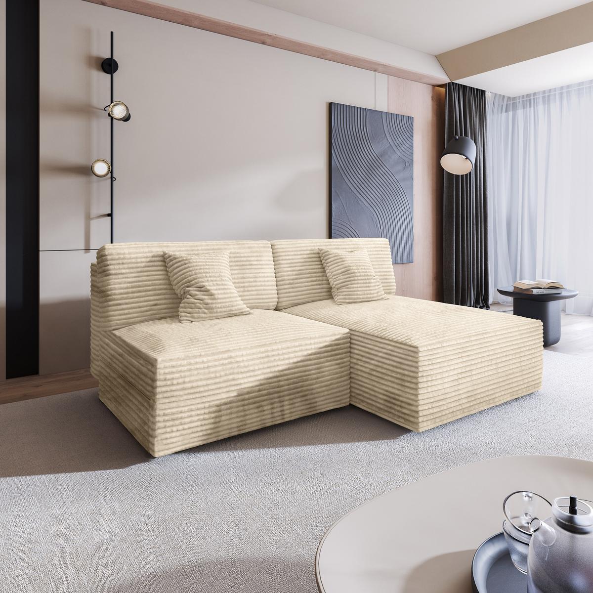 ECKSOFA FIORO Creme Kordstoff mit Schlaffunktion - Creme, Holz (204/148cm) - MASSENO