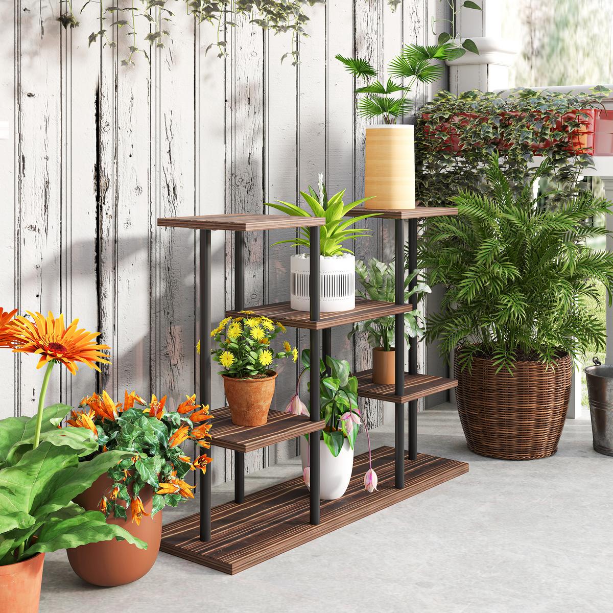 BLUMENSTÄNDER Stahl Tannenholz Verkohlt - Dunkelbraun, Metall (24/61.5/80cm) - Outsunny