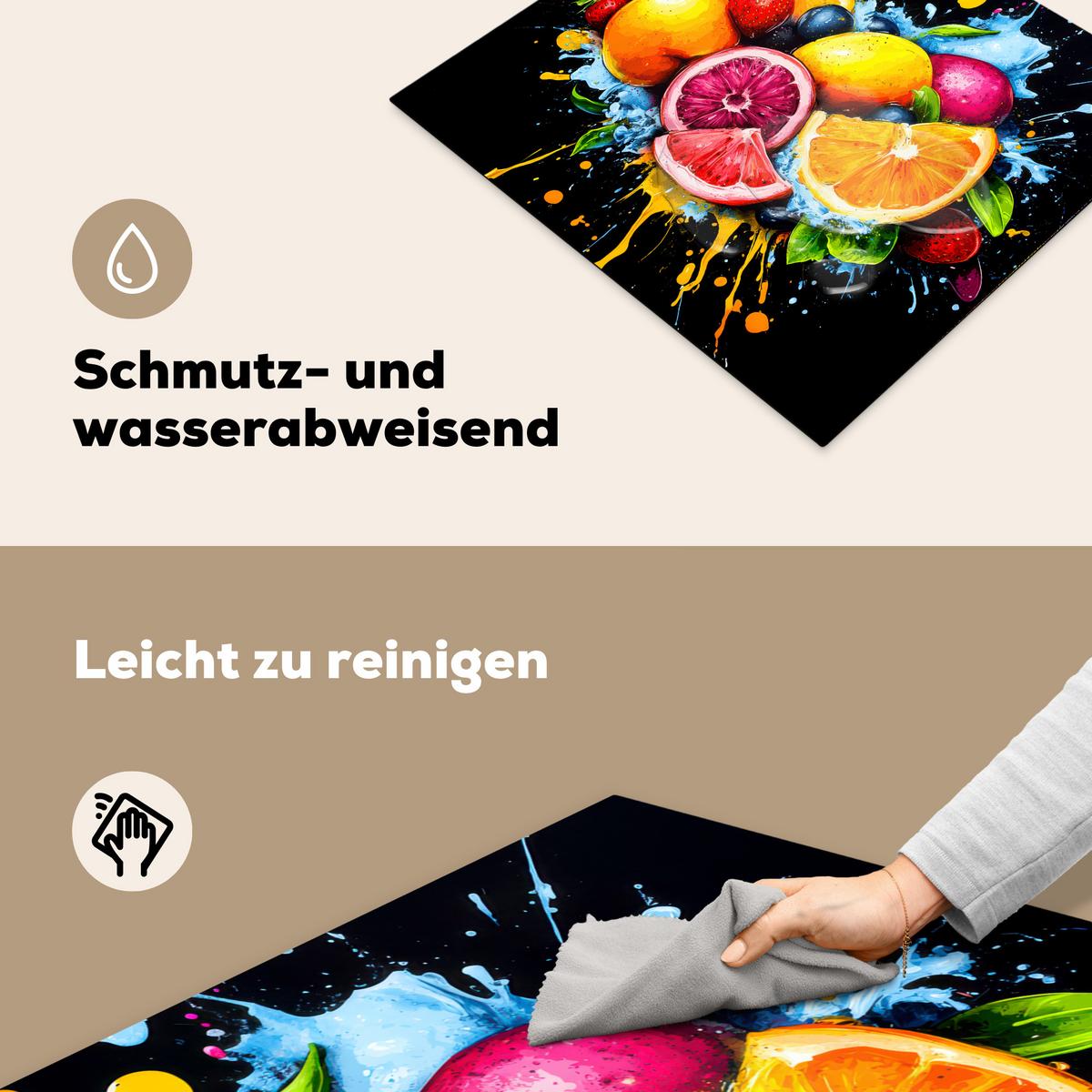 HERDABDECKPLATTE Obst - Graffiti - Bunt - Orange - Erdbeere - Abstrakt Abdeckung Ceranfeld 58.3x51.3 cm - Orange, Kunststoff (58.3/51.3/0.2cm) - MuchoWow