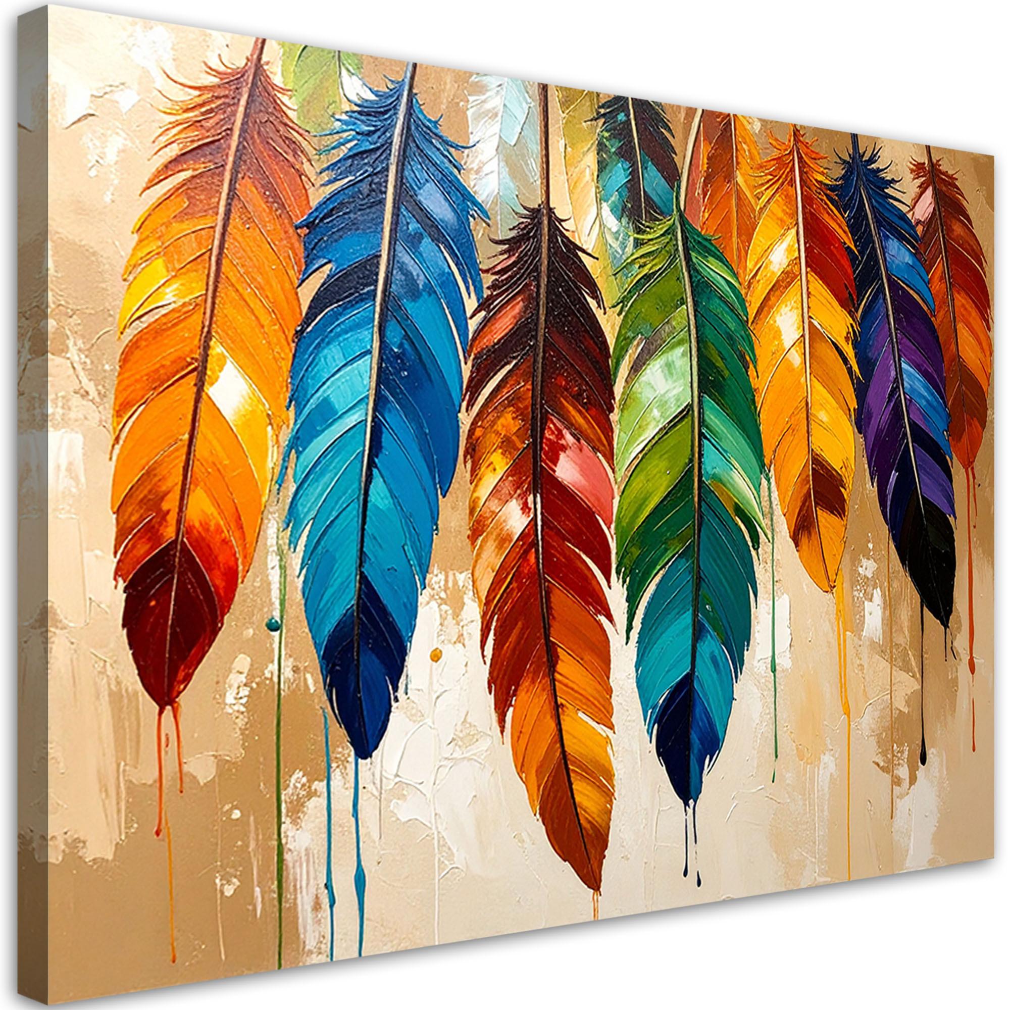 LEINWANDBILD Bunte Federn Farbeffekt beige 90x60cm - Multicolor, Textil (90/60cm) - Feeby