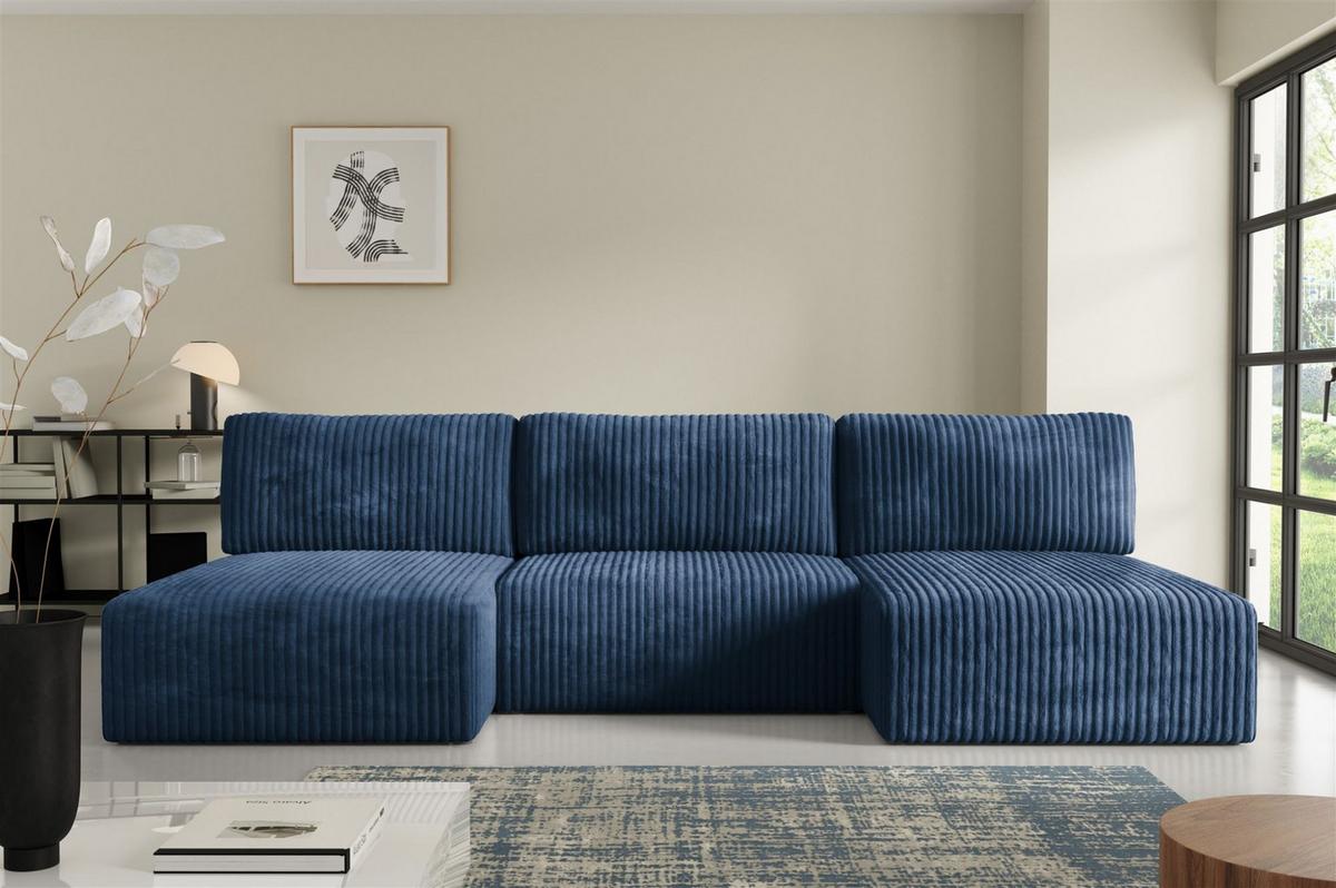 WOHNLANDSCHAFT Natalia - Dunkelblau, Holzwerkstoff/Textil (304/85/149cm) - Fun Möbel