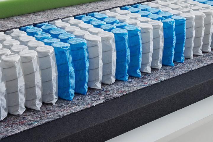 Partnermatratze Querschnitt blaue und weiße Federn