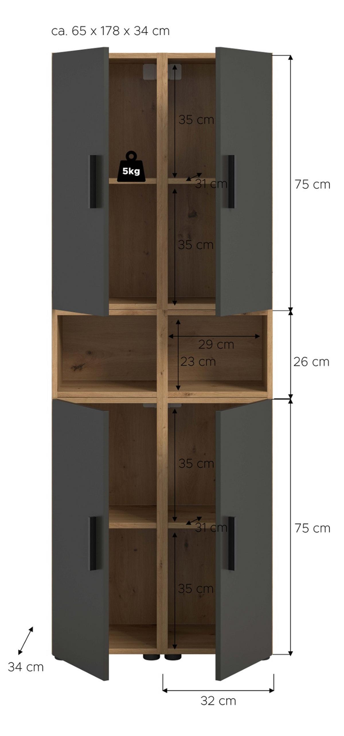 STAURAUMSCHRANK grau, Eiche Artisan 65 x 178 cm, Mehrzweckschrank mit viel Stauraum - Schwarz/Eiche Artisan, Holzwerkstoff/Kunststoff (65/178/34cm) - Inn.Furn