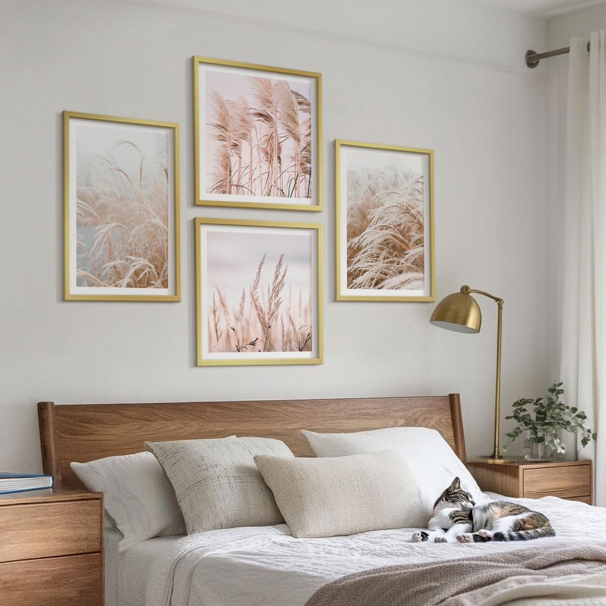 BILDER SET 4er Set - 50x50 cm & 40x60 cm Goldrahmen - Grasfelder in Braun- und Beigetönen - Goldfarben, Kunststoff (50/50cm) - TULUP