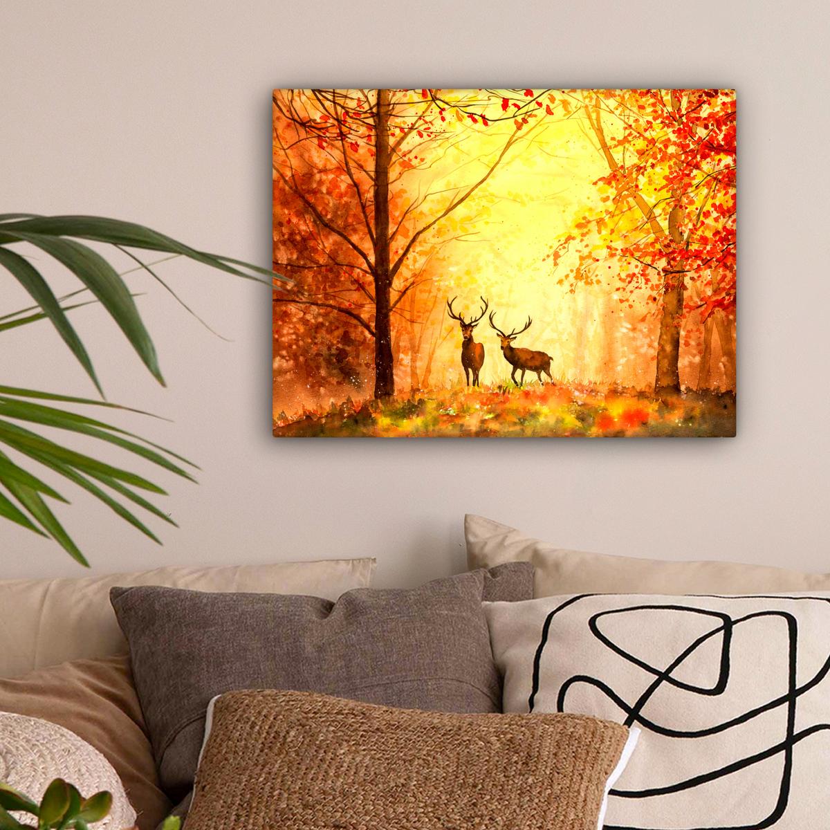 LEINWANDBILD Natur - Ölfarbe - Hirsche - Tiere - Herbst - Orange Wandbild 40x30 cm - Orange, Textil (40/30cm) - MuchoWow