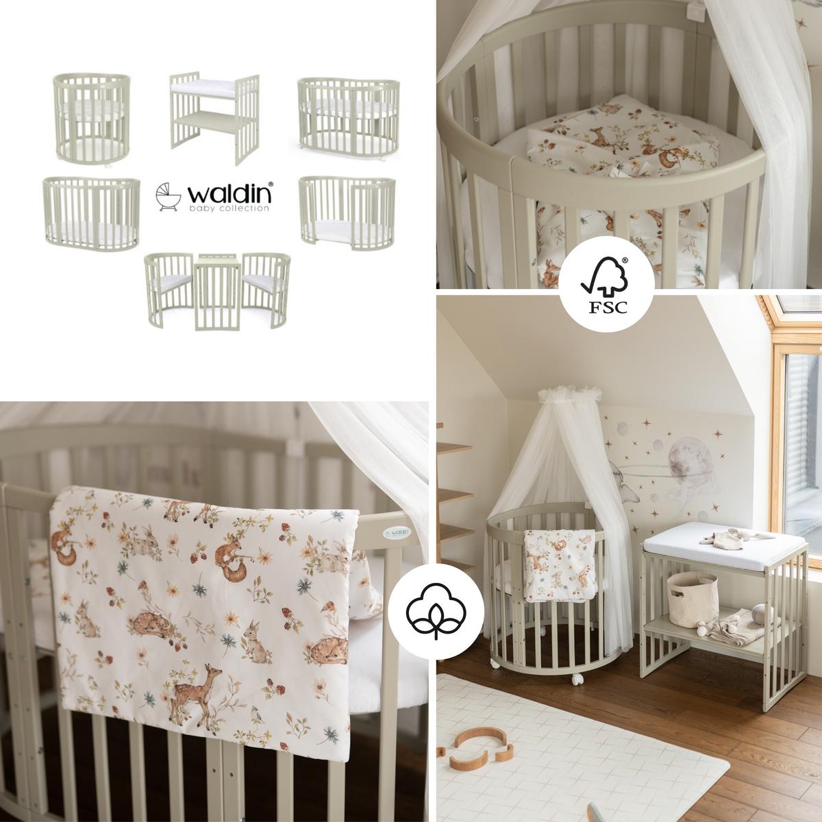 BABYBETT OLIVE OVAL 7in1 mit Matratze und Himmelset - Multicolor/Olivgrün, Holz/Textil (73/125cm) - waldin