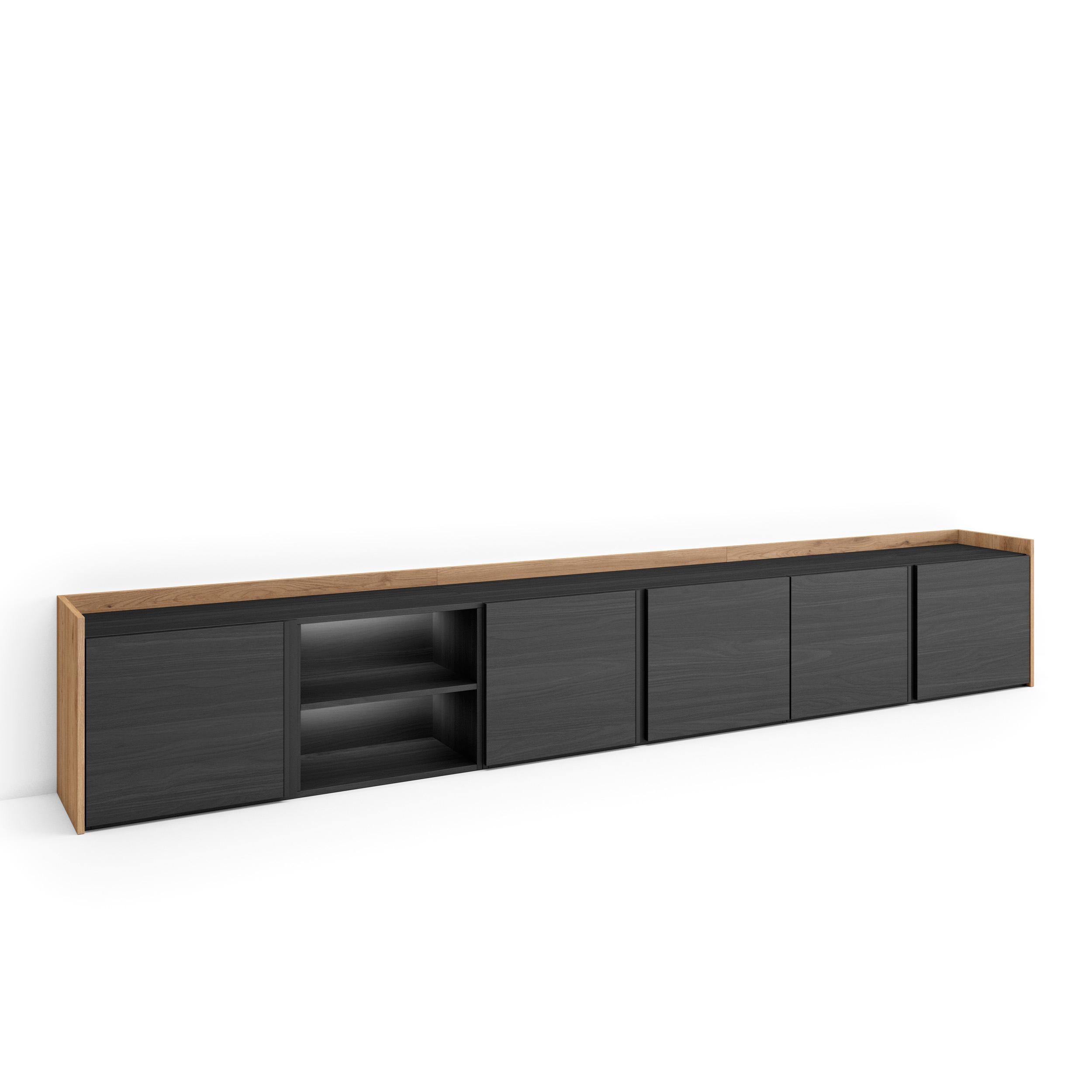 LOWBOARD, Schwarz und Eiche, 309/35/50cm, mit Led - Schwarz, Holzwerkstoff (309/50/35cm) - Skraut Home