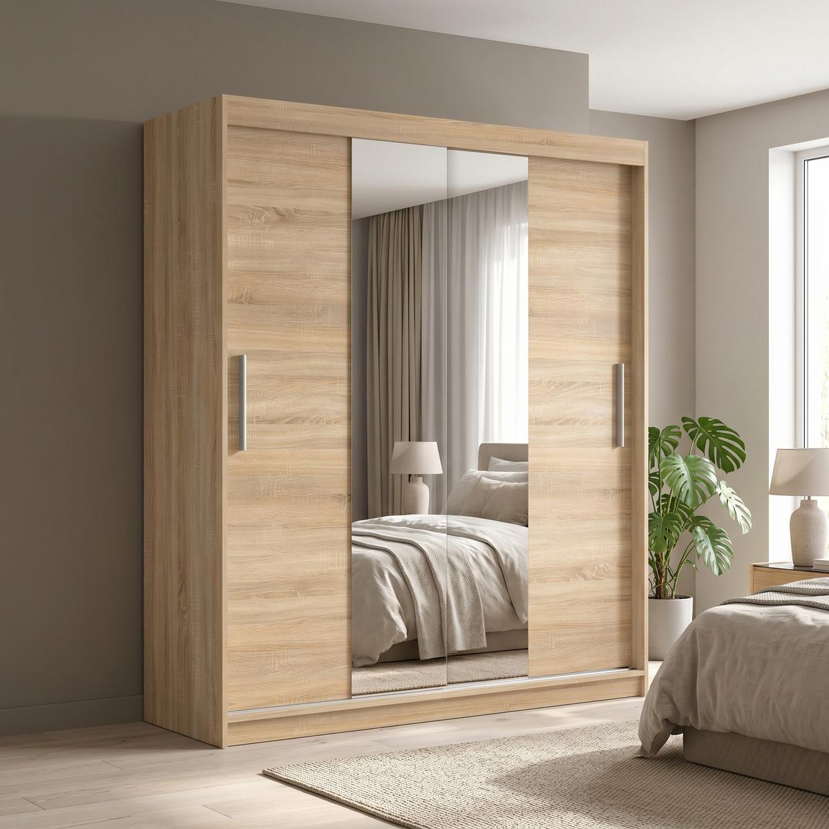 SCHWEBETÜRENSCHRANK VIVA 180/215,5/59cm 2-türig mit Spiegel Sonoma Eiche - Sonoma Eiche, Holzwerkstoff (180/215.5/59cm) - MASSENO