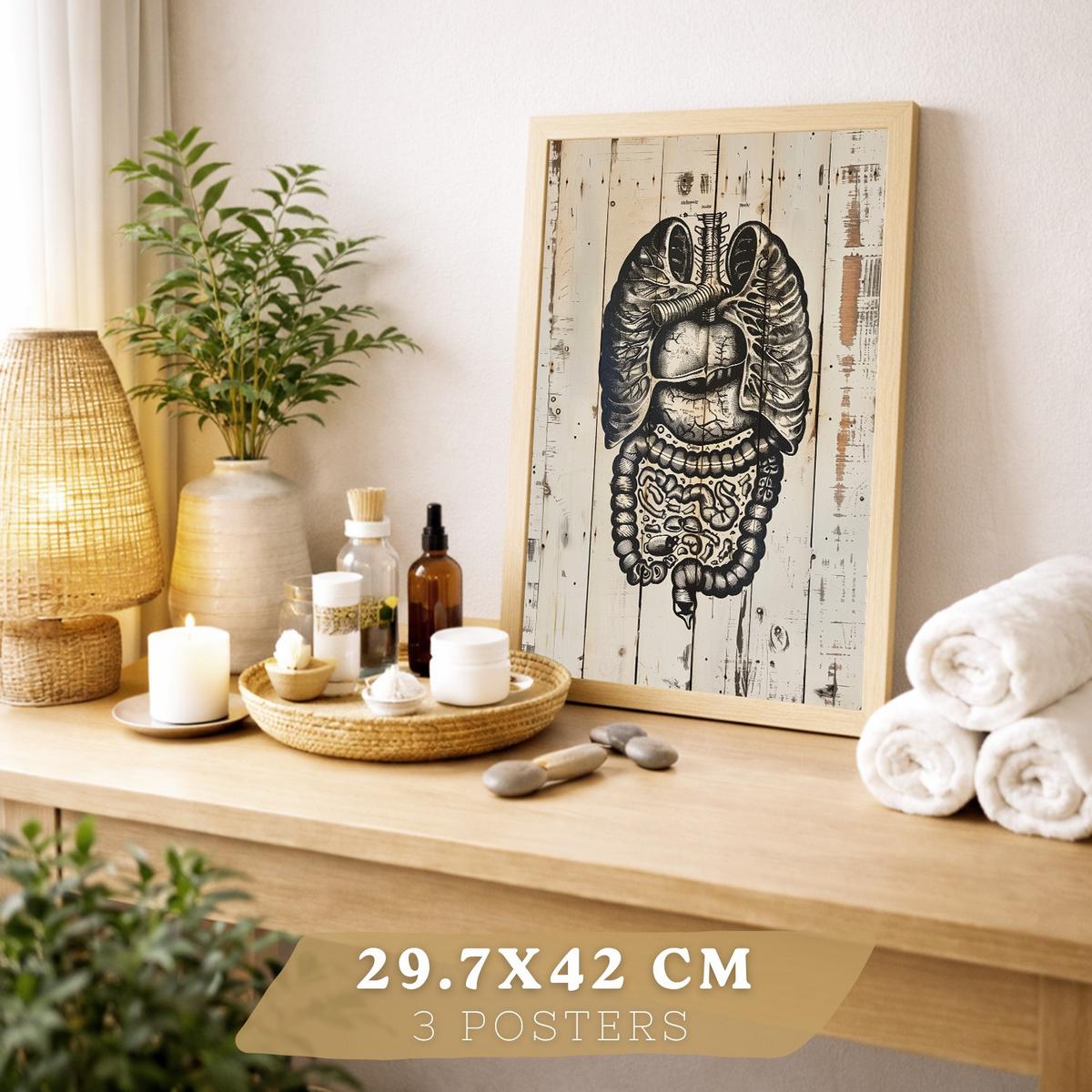 POSTER Set aus 3 Anatomie Mensch Drucke und Wandbilder mit Lungen Darm und Herz Rustikaler Stil Wanddekoration Größe Leichter Holzrahmen A3 - Beige, Papier (29.7/42/3cm) - Nacnic