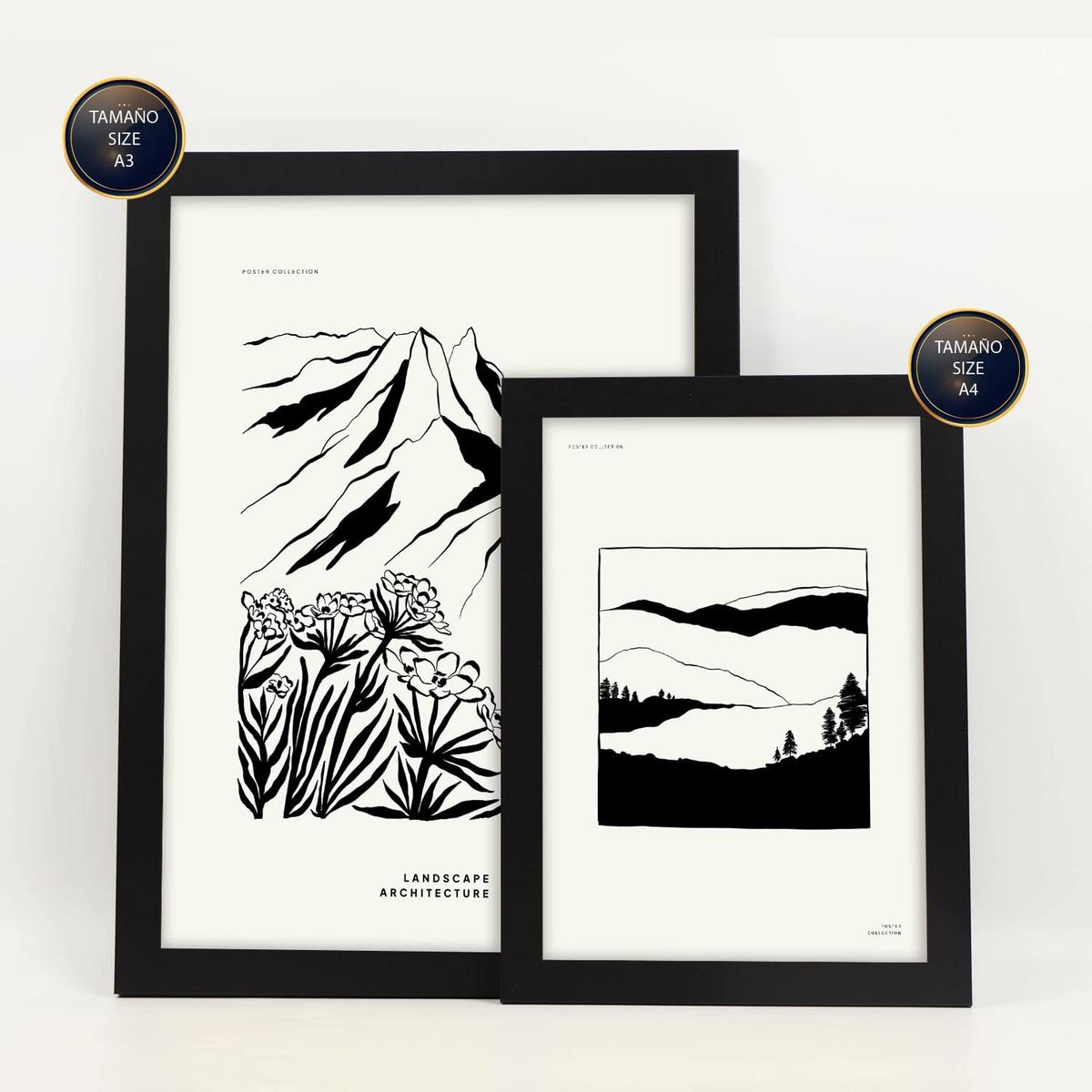 POSTER Set Mit 6 In Schwarzer Tinte Ecken Künstlerische Und Abstrakte Drucke Für Innenarchitektur A3 & A4 Schwarzer Rahmen - Schwarz, Papier (29/3cm) - Nacnic