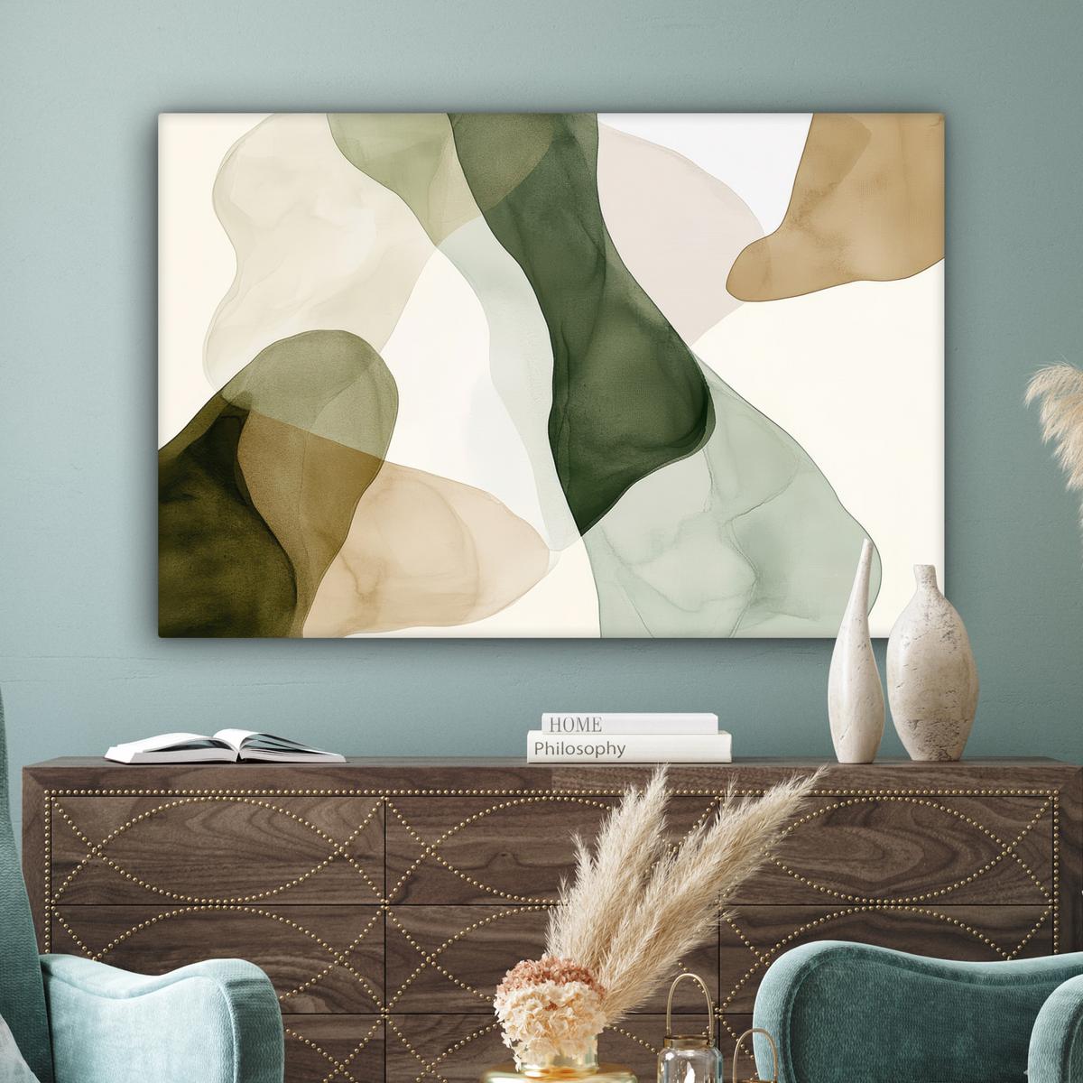 LEINWANDBILD Japandi - Abstrakt - Grün Wohnzimmer Groß 120x80 cm - Salbeigrün, Textil (120/80cm) - MuchoWow