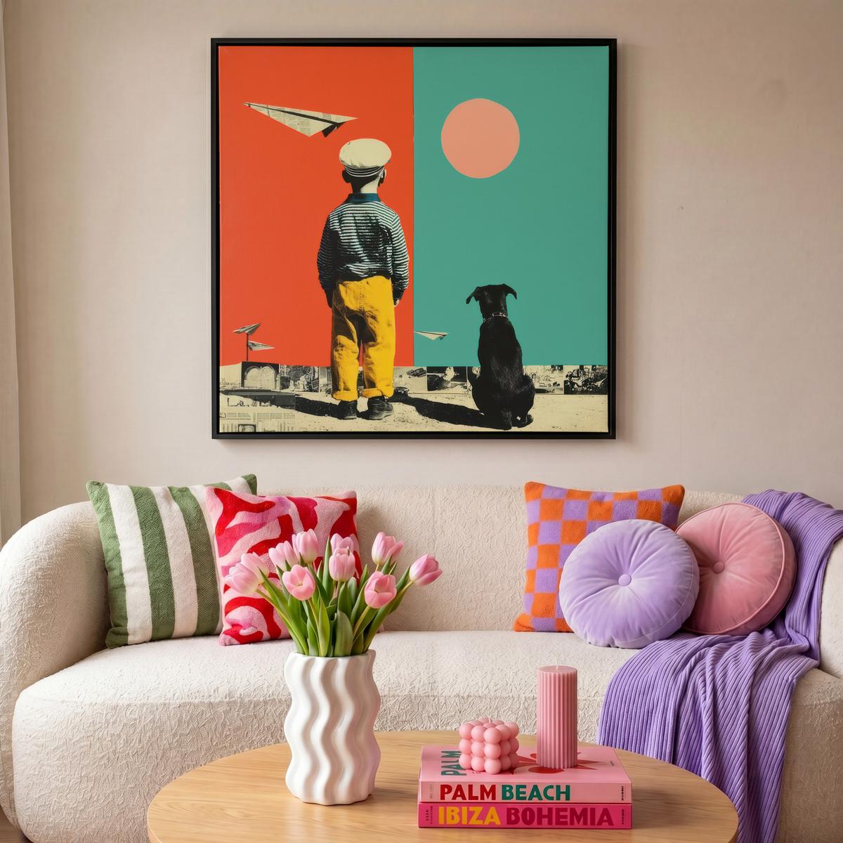 LEINWAND Bilder mit Rahmen - Retro - Junge - Hund - Rot - Grün - 90x90 - Orange, Textil (90/90cm) - MuchoWow