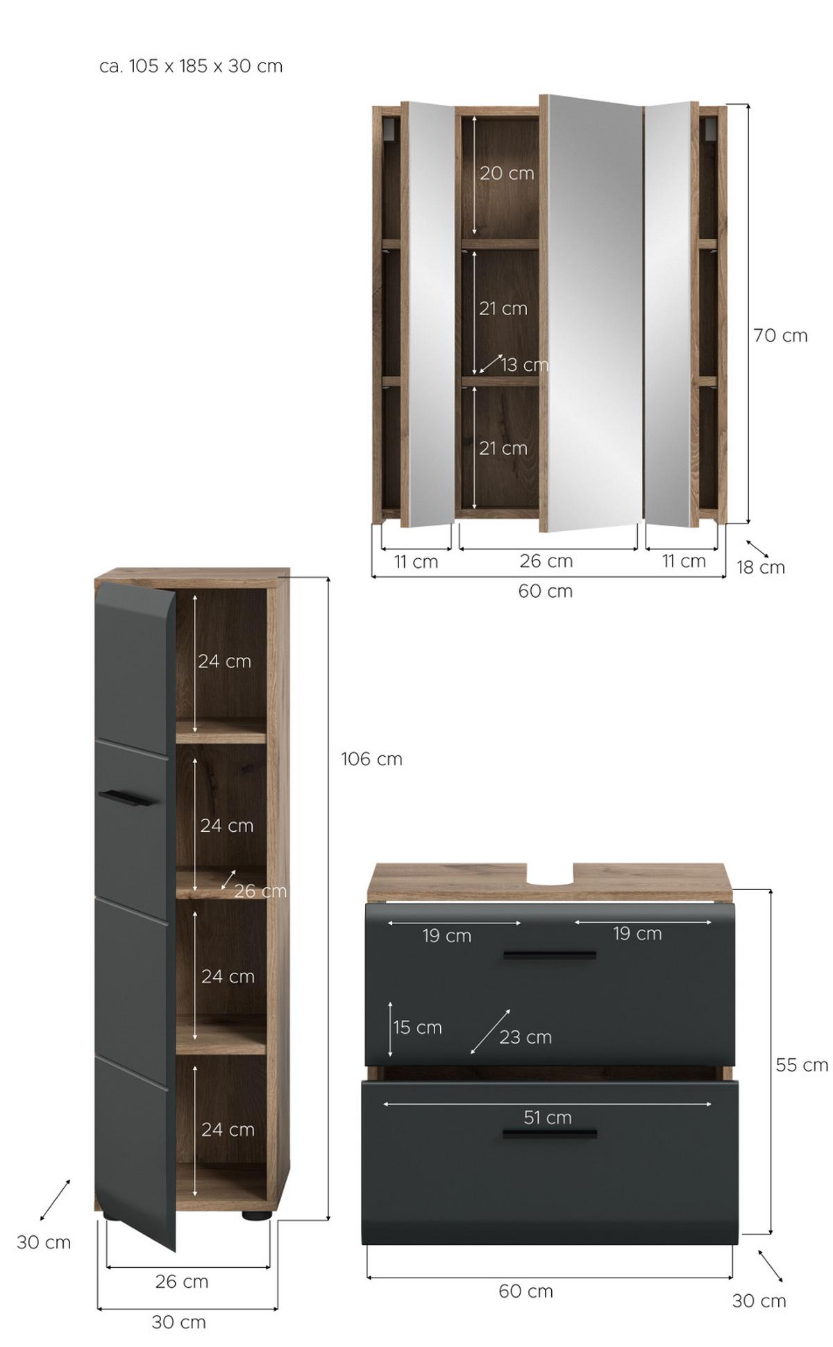 BADMÖBEL-SET 3-teilig Schwarz matt, Eiche Nox, Badezimmer mit viel Stauraum und Vollauszug Schubkästen 105 x 185 cm - Eichefarben/Schwarz, Glas/Holzwerkstoff (105/185/30cm) - Inn.Furn