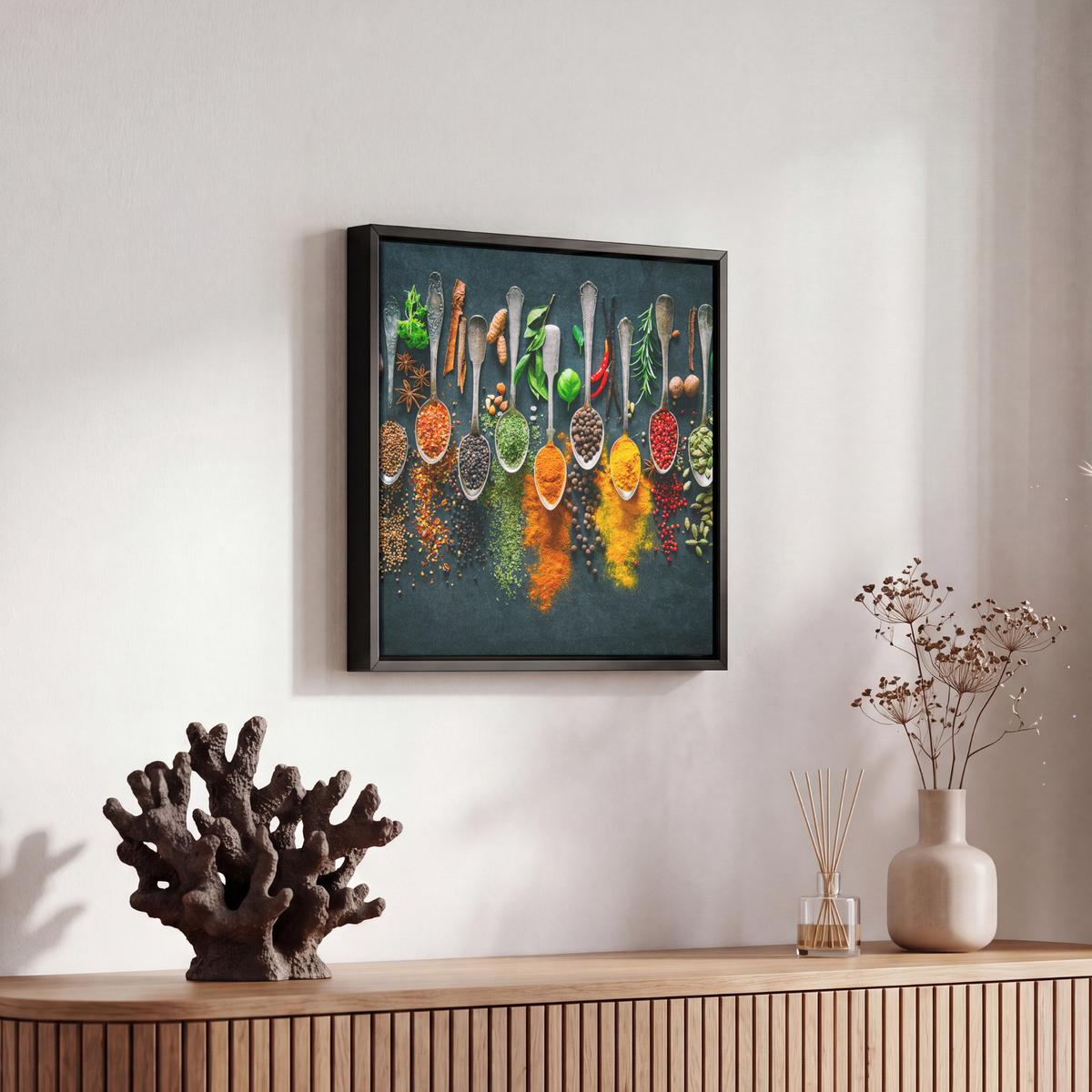 LEINWAND Bilder mit Rahmen - Kräuter - Gewürze - Löffel - 20x20 - Currygelb, Textil (20/20cm) - MuchoWow