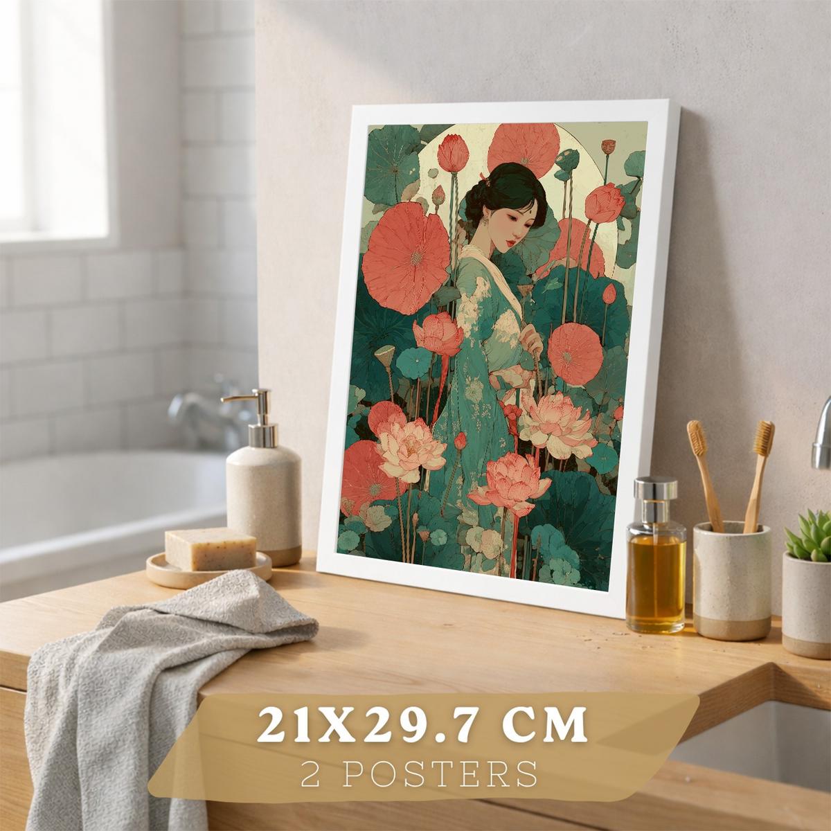 POSTER 2er-Set dekorative Badezimmerdrucke, japanisch-orientalische Kunstposter WC mit Lotusblumen, asiatische Landschaft, Stil Weißer Rahmen A4 - Weiß, Papier (29.7/21/3cm) - Nacnic