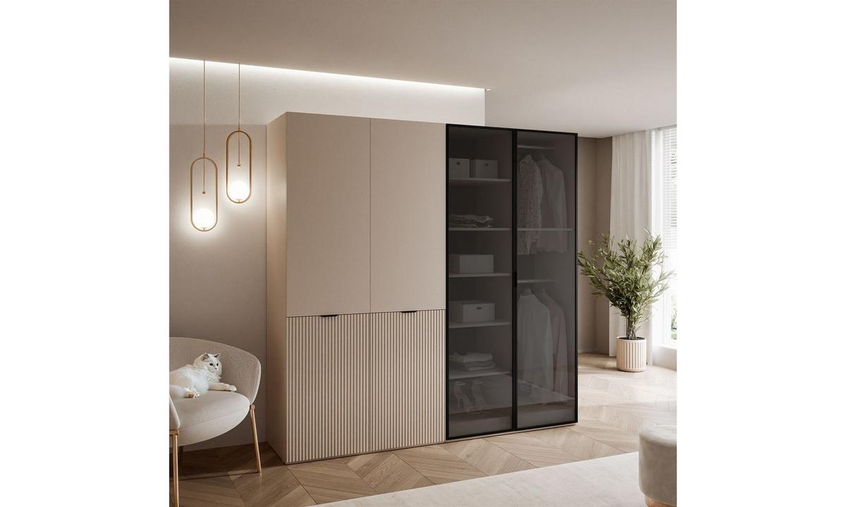KLEIDERSCHRANK SANDBOX 200 202/49/200 cm Beige Sand / Beige Sand + Schwarzes Glas mit LED 8 Zusatzböden - Sandfarben/Schwarz, Holzwerkstoff/Kunststoff (202/200/49cm) - Lookway