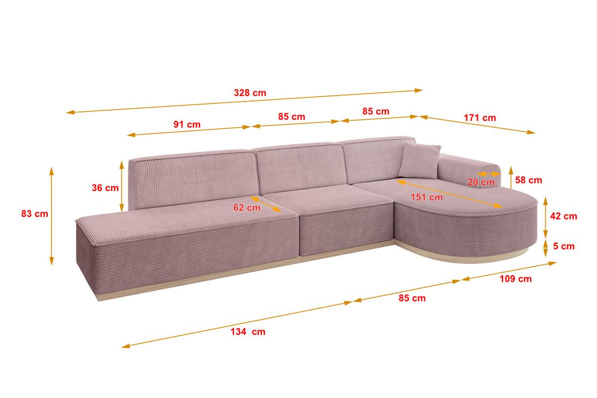 ECKSOFA Ottomane Rechts ARRIO-L2 - 328x171x83 cm Rosa - Rosa, Holzwerkstoff/Textil (328/171cm) - ALTDECOR